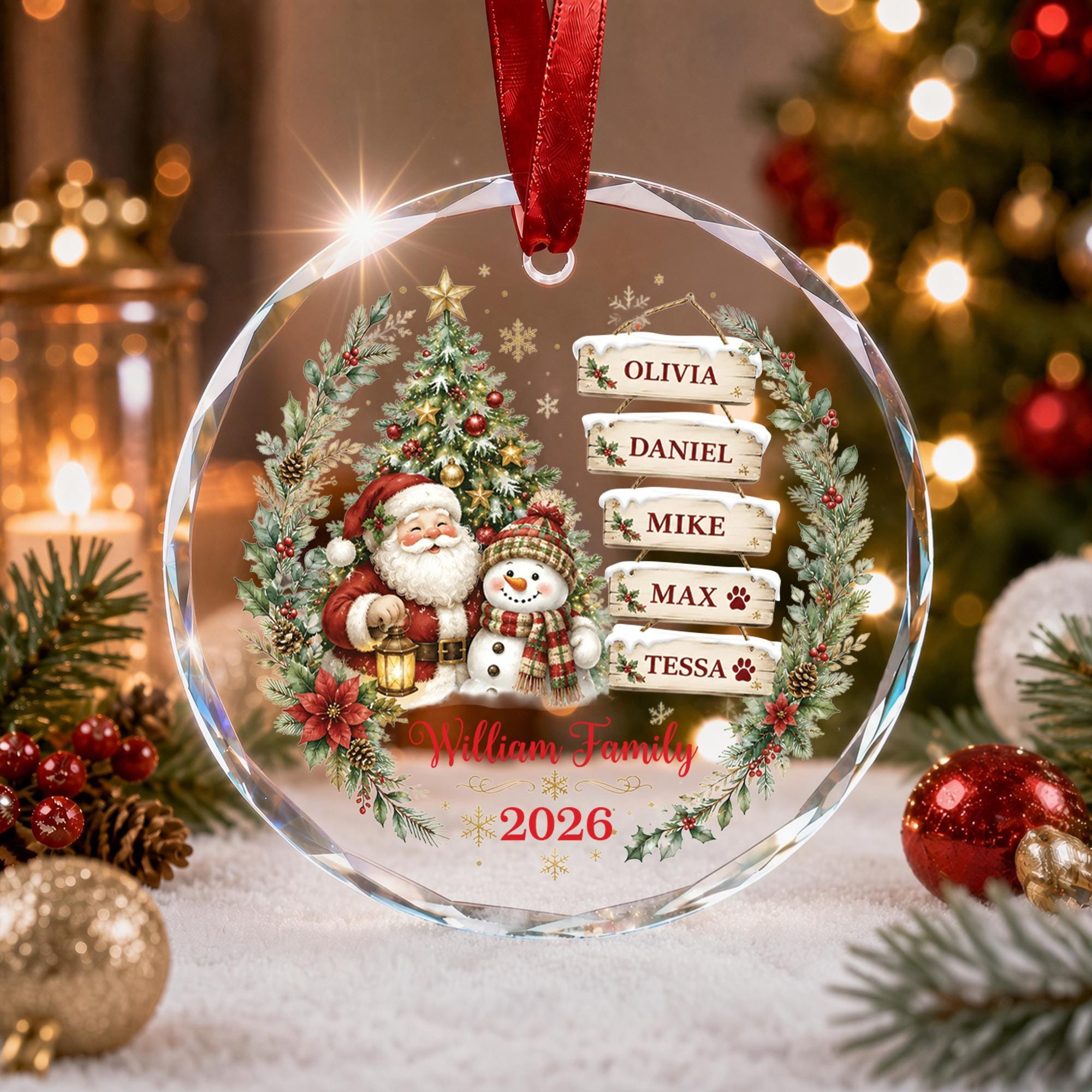 Personalized Family Christmas Ornament - Custom Names with Santa & Snowman