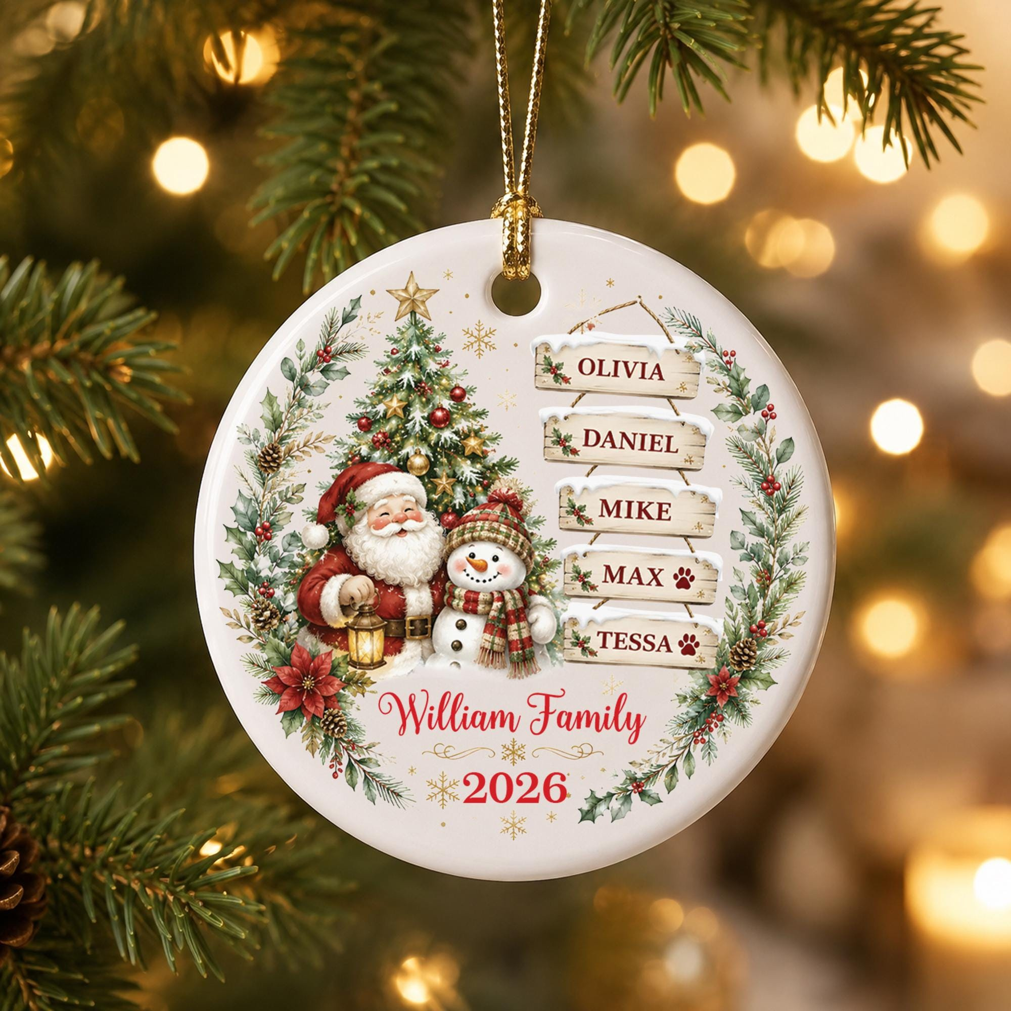 Personalized Family Christmas Ornament - Custom Names with Santa & Snowman 2 - MeasureMason Personalized Family Christmas Ornament - Custom Names with Santa & Snowman 2