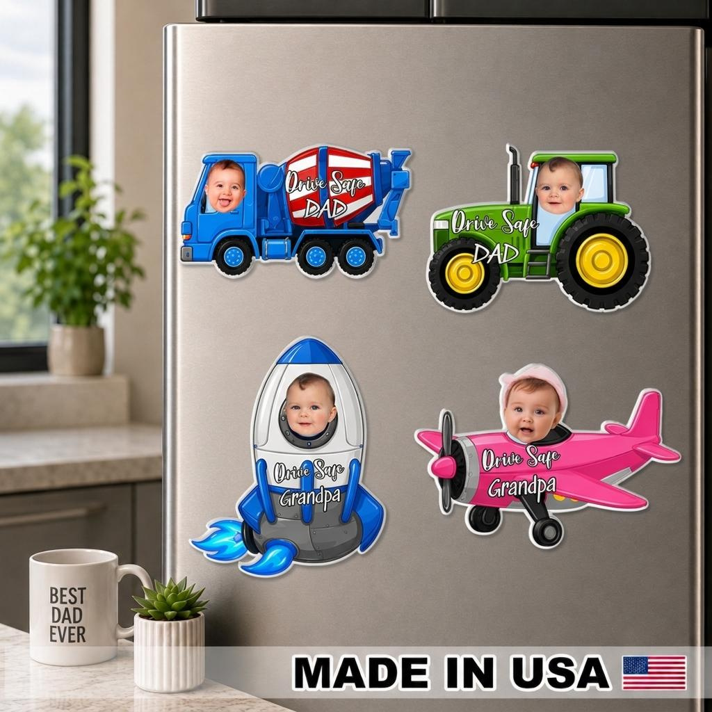 Personalized Kids Vehicle Fridge Magnet - Custom Photo Drive Safe Gift for Dad & Grandpa