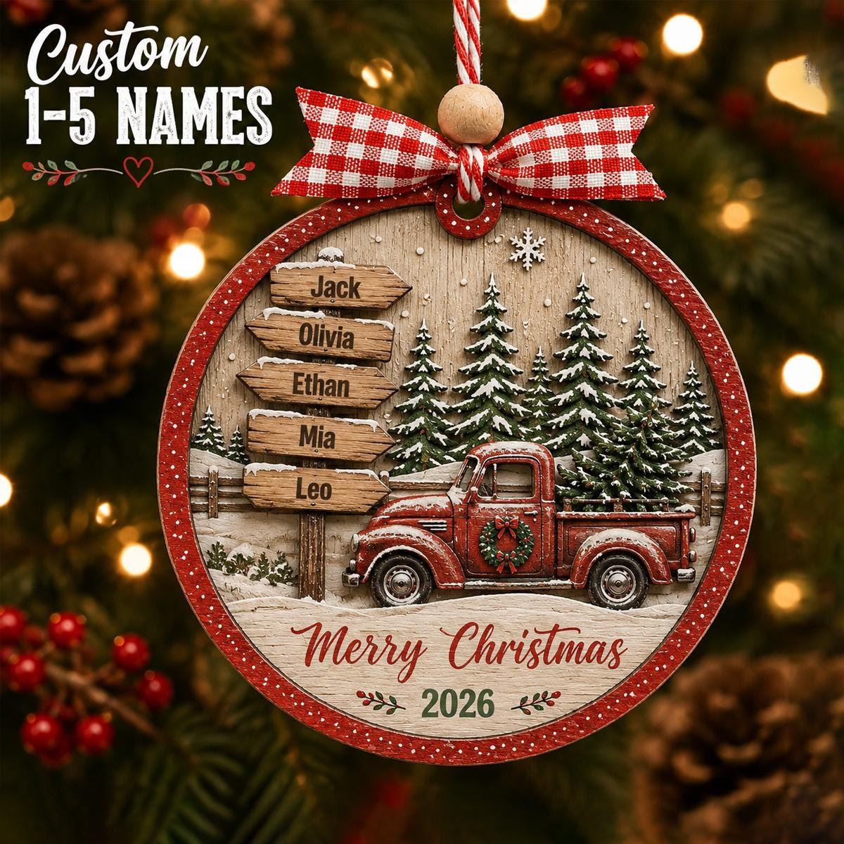 Personalized Family Christmas Ornament, 1-5 Names Wooden Red Truck Tree Decor, Rustic Holiday Keepsake Gift
