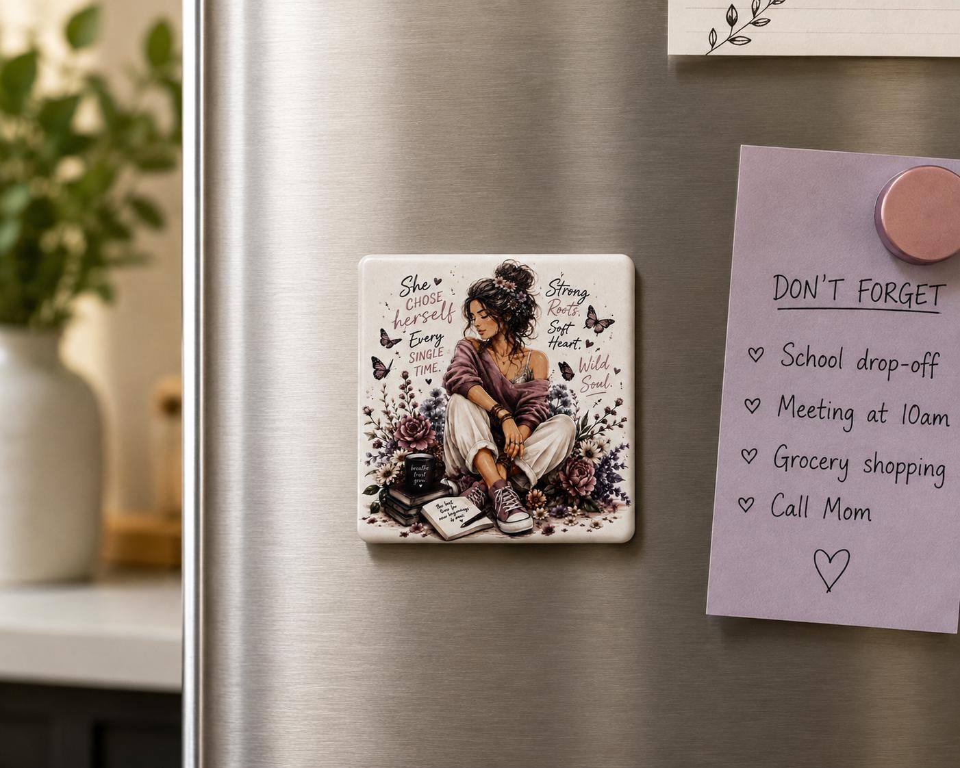 Boho Ceramic Fridge Magnet – Inspirational “She Chose Herself” Keepsake, Handmade in California 1 - MeasureMason Boho Ceramic Fridge Magnet – Inspirational “She Chose Herself” Keepsake, Handmade in California 1
