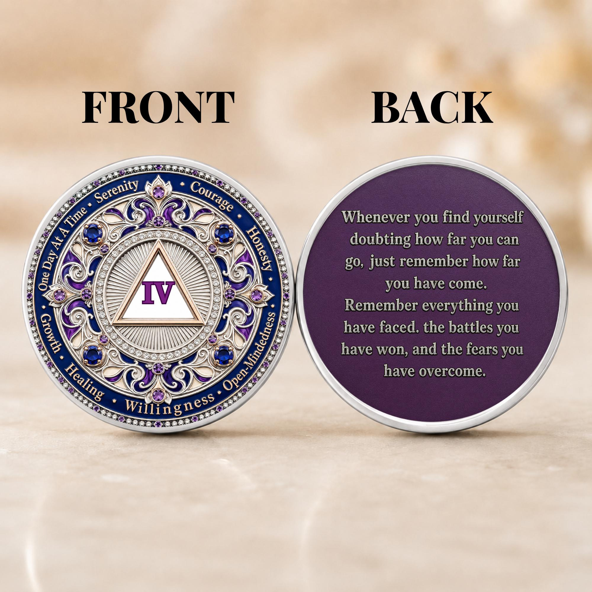 Personalized Royal Sapphire Sobriety Coin, AA NA Recovery Chip, Serenity Prayer Medallion