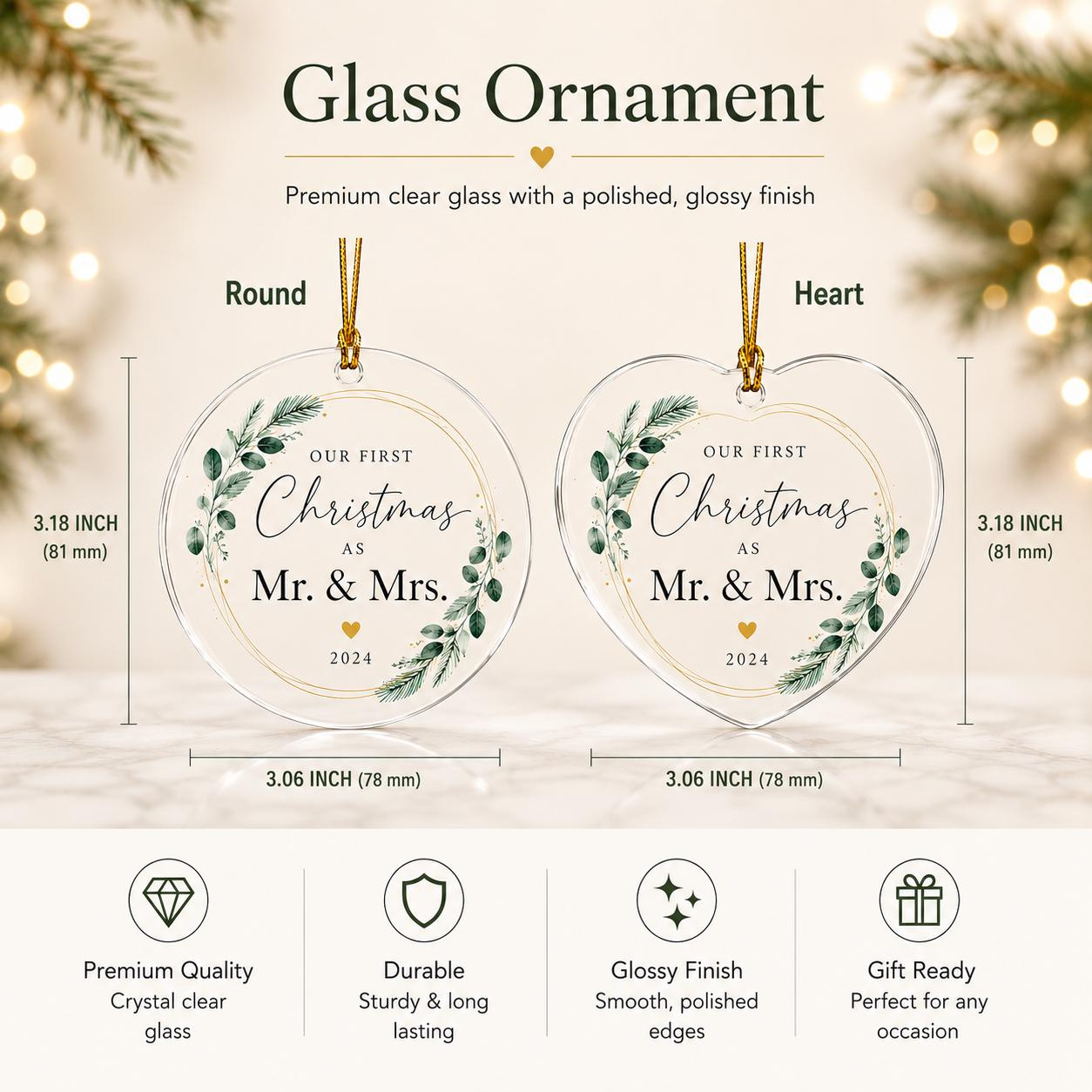 Custom Wedding Glass Ornament, Personalized Newlywed Heart Keepsake, First Christmas Married Bauble, Faux Crystal Edge B 3 - MeasureMason Custom Wedding Glass Ornament, Personalized Newlywed Heart Keepsake, First Christmas Married Bauble, Faux Crystal Edge B 3