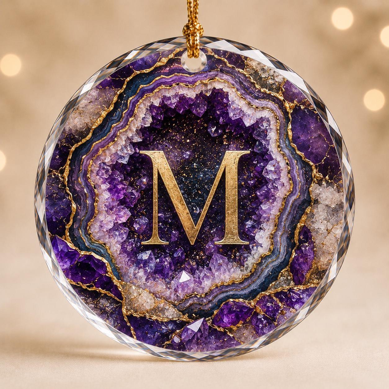 Personalized Glass Ornament with Gold Initial Monogram and Birthstone Geode Design