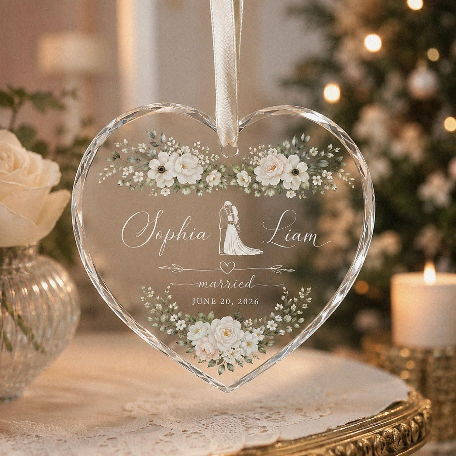 Custom Wedding Glass Ornament, Personalized Newlywed Heart Keepsake, First Christmas Married Bauble, Faux Crystal Edge B 1 - MeasureMason Custom Wedding Glass Ornament, Personalized Newlywed Heart Keepsake, First Christmas Married Bauble, Faux Crystal Edge B 1