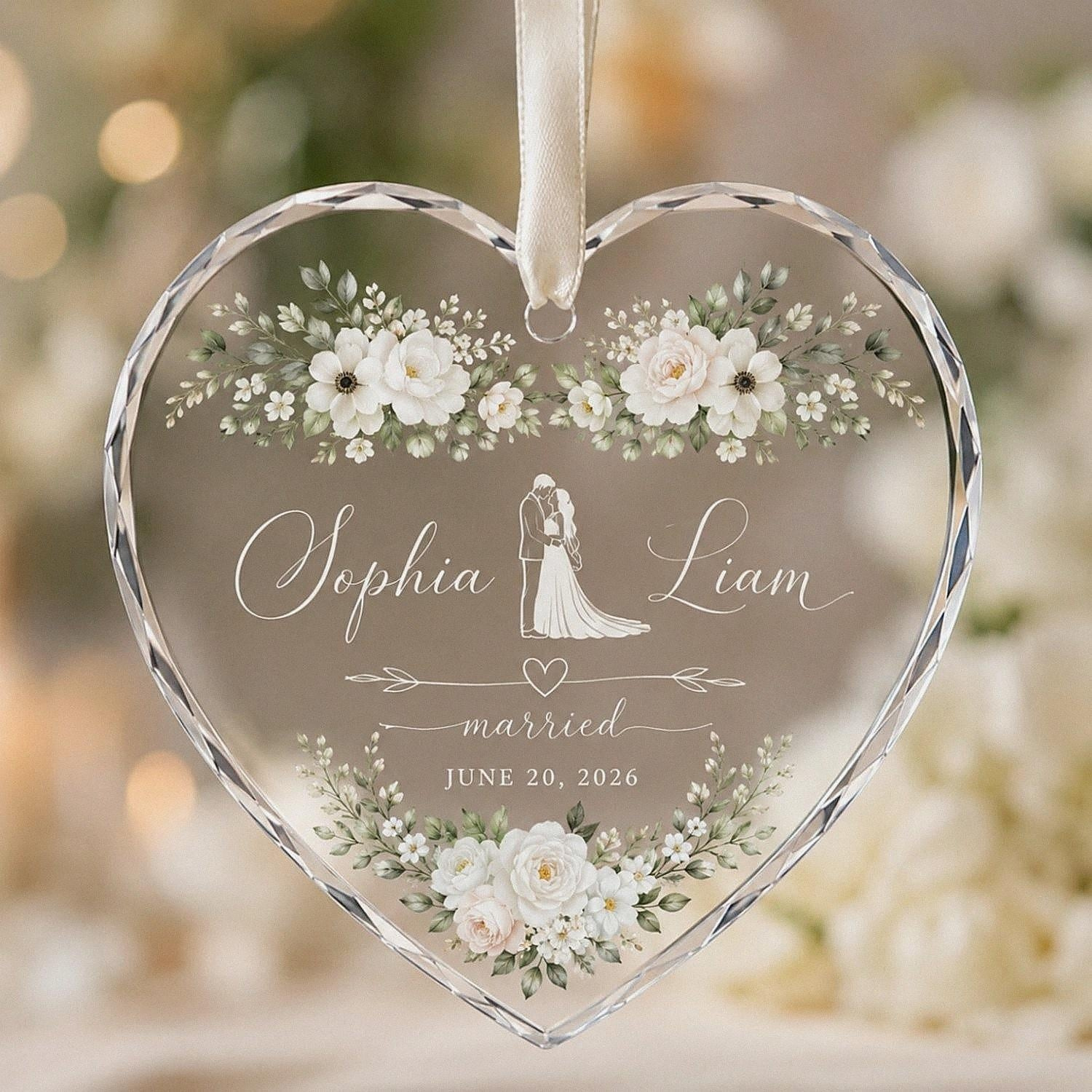 Custom Wedding Glass Ornament, Personalized Newlywed Heart Keepsake, First Christmas Married Bauble, Faux Crystal Edge B Custom Wedding Glass Ornament, Personalized Newlywed Heart Keepsake, First Christmas Married Bauble, Faux Crystal Edge B