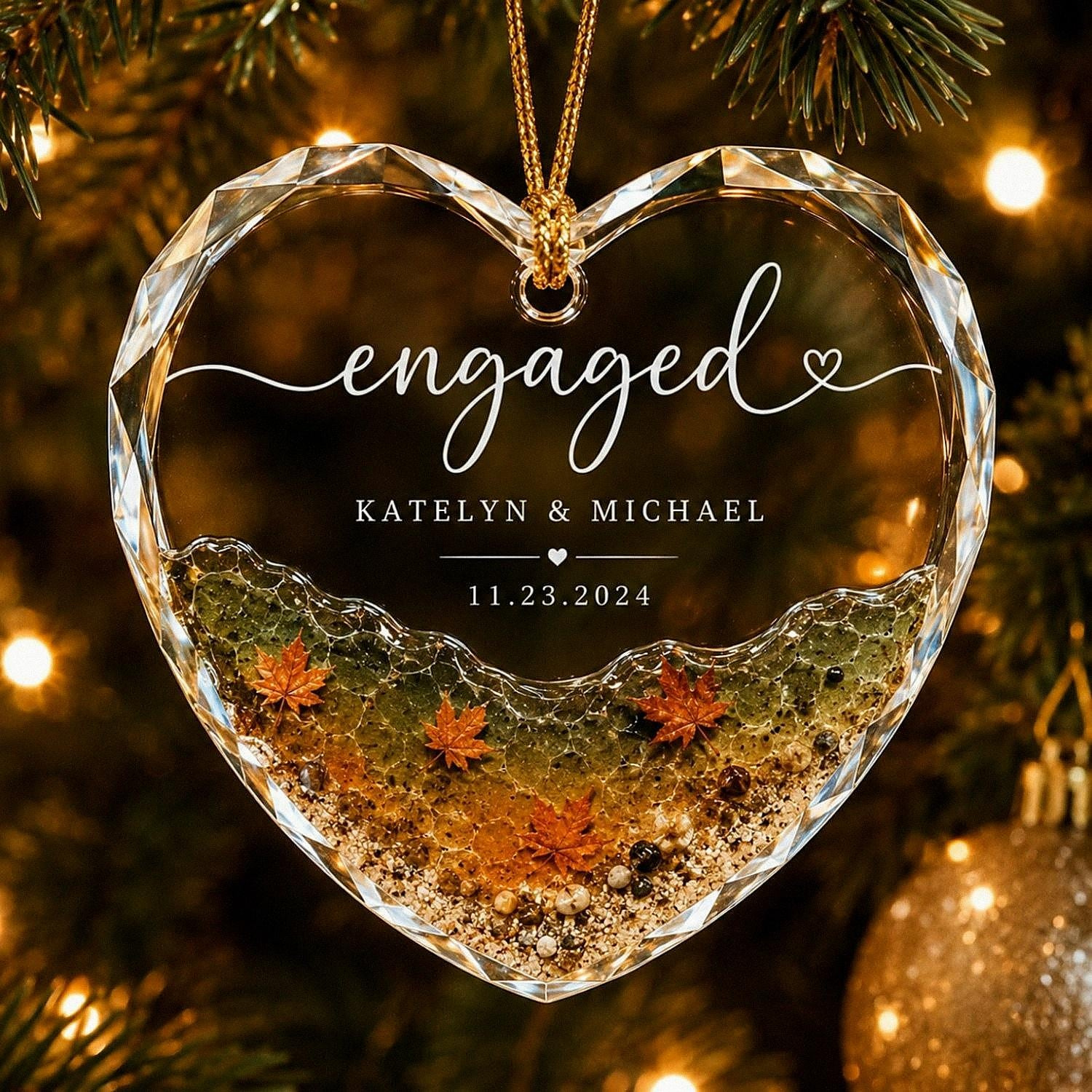 Fall Engagement Glass Ornament - Heart-Shaped Personalized Keepsake for Newly Engaged Couples