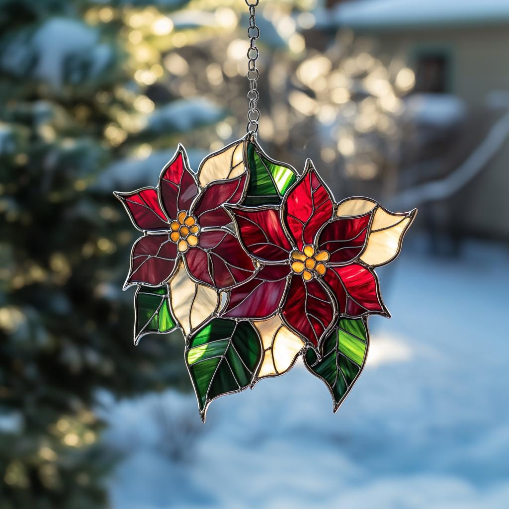 Handmade Stained Glass Poinsettia Suncatcher – Twin Christmas Window Hanging 2 - MeasureMason Handmade Stained Glass Poinsettia Suncatcher – Twin Christmas Window Hanging 2
