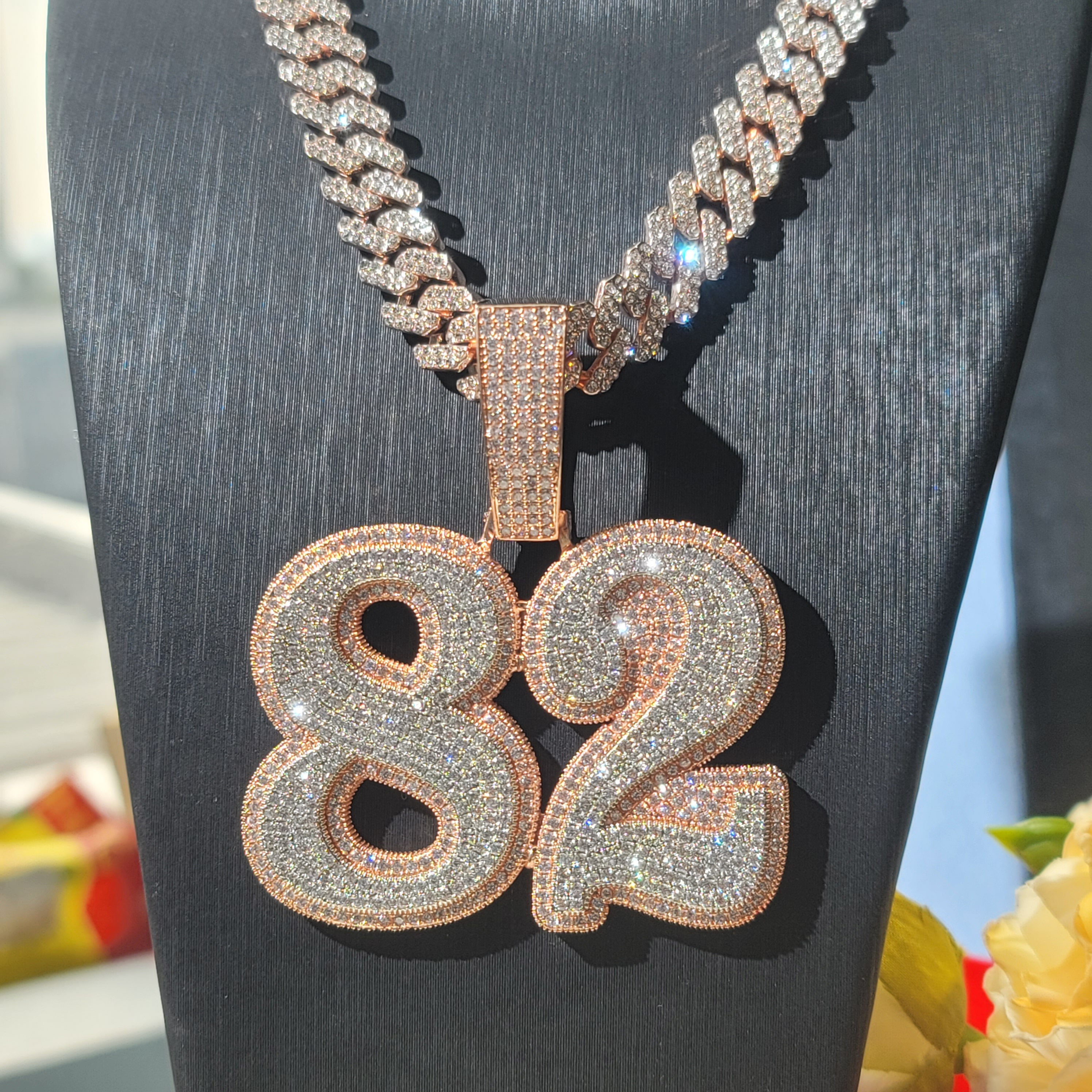 Custom Big 2-Tone Number & Name Pendant Necklace, Iced Out Cuban Chain Hip Hop Jewelry