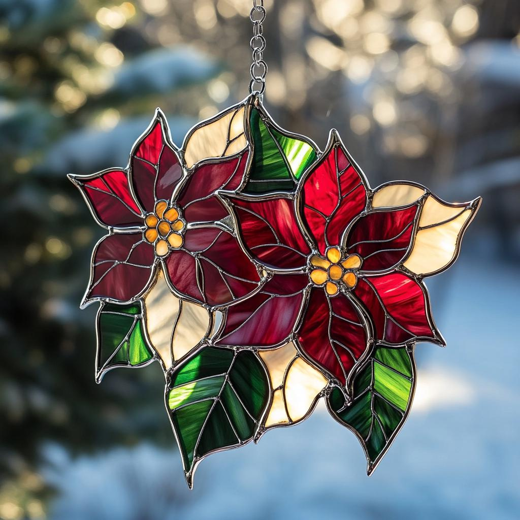 Handmade Stained Glass Poinsettia Suncatcher – Twin Christmas Window Hanging