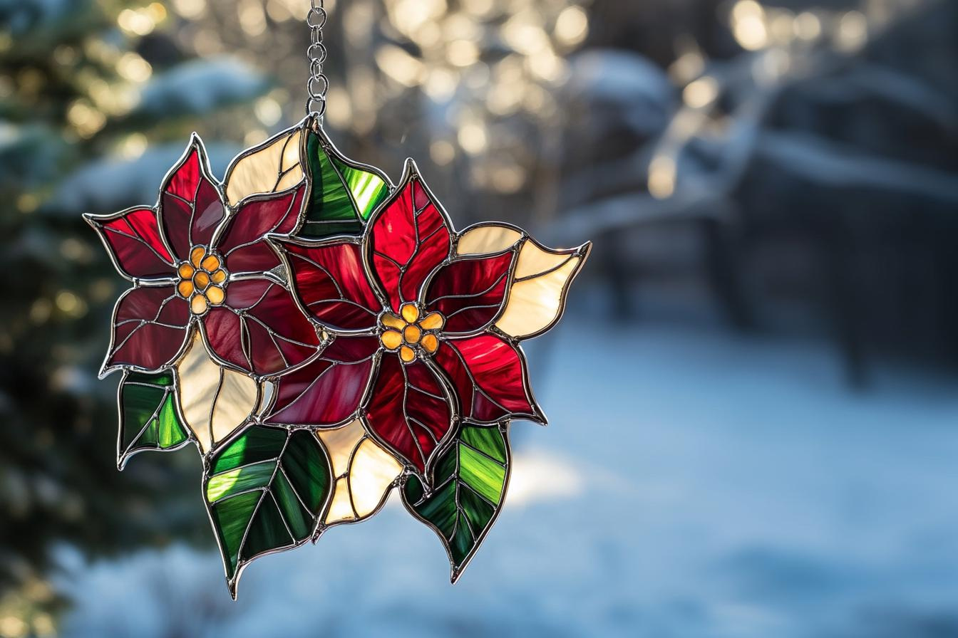 Handmade Stained Glass Poinsettia Suncatcher – Twin Christmas Window Hanging 4 - MeasureMason Handmade Stained Glass Poinsettia Suncatcher – Twin Christmas Window Hanging 4