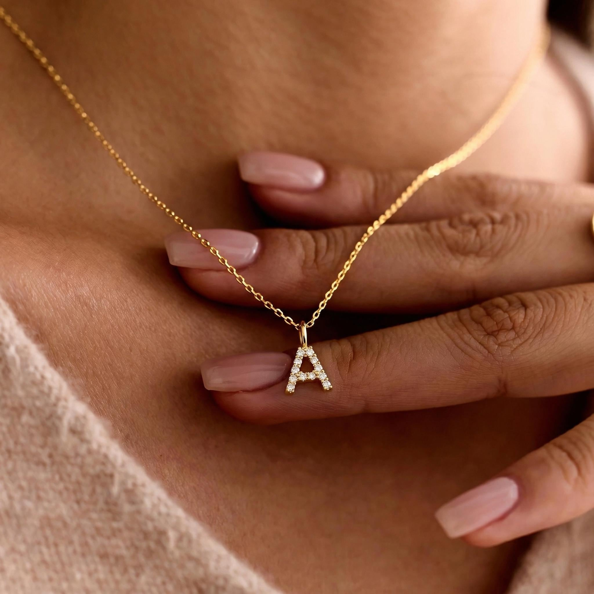 Diamond Dainty Letter Pendant in 10K or 14K Solid Gold with Lab Grown Diamond Initial Necklace 1 - MeasureMason Diamond Dainty Letter Pendant in 10K or 14K Solid Gold with Lab Grown Diamond Initial Necklace 1
