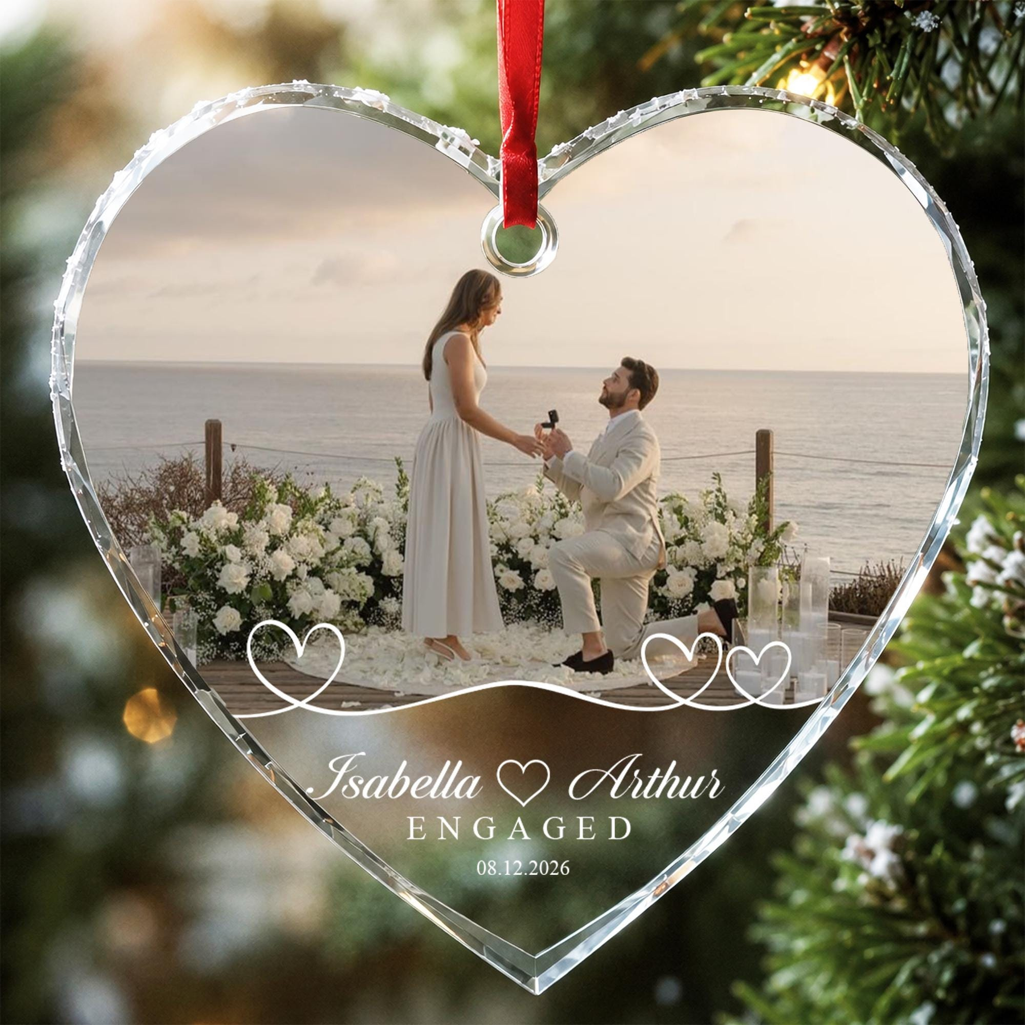 Custom Engaged Ornament, Personalized Couple Photo Heart, Newly Engaged Glass Marriage Proposal Gift