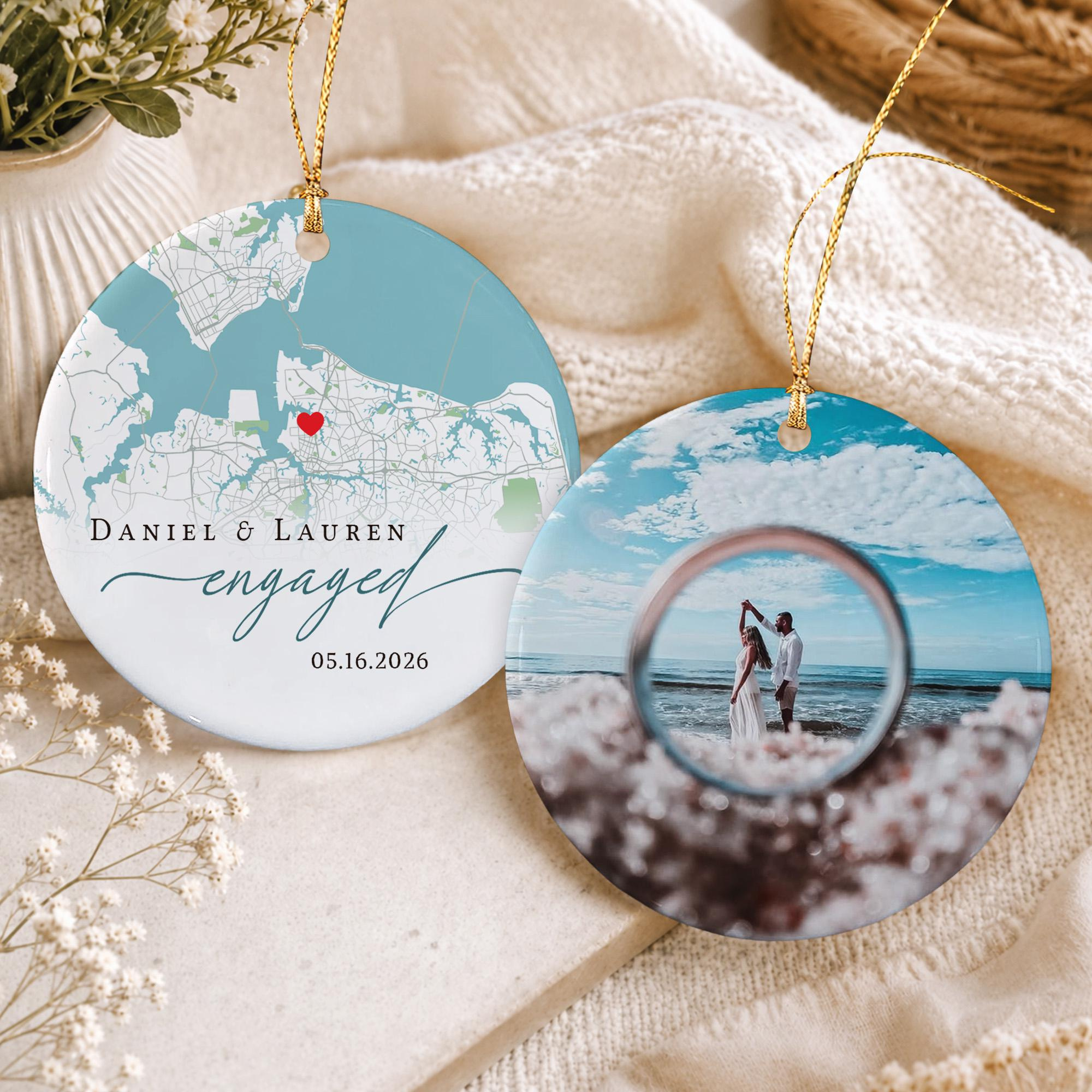Custom Engagement Photo Ceramic Ornament with Personalized Proposal Map Custom Engagement Photo Ceramic Ornament with Personalized Proposal Map