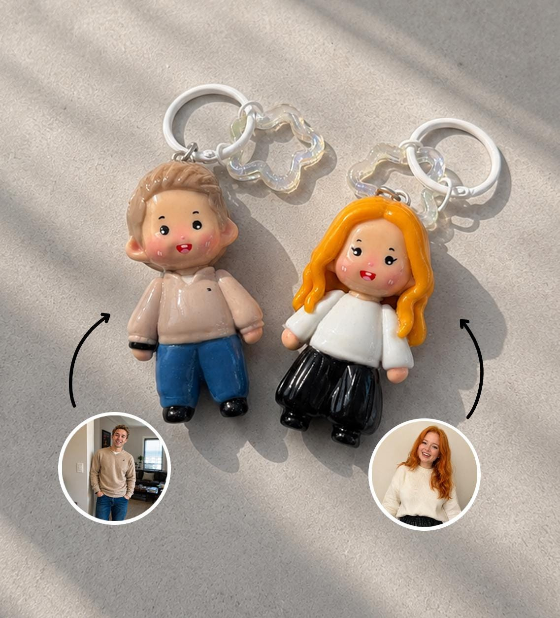 Handmade Clay Figurine Keychain - Custom Photo Couples Gift