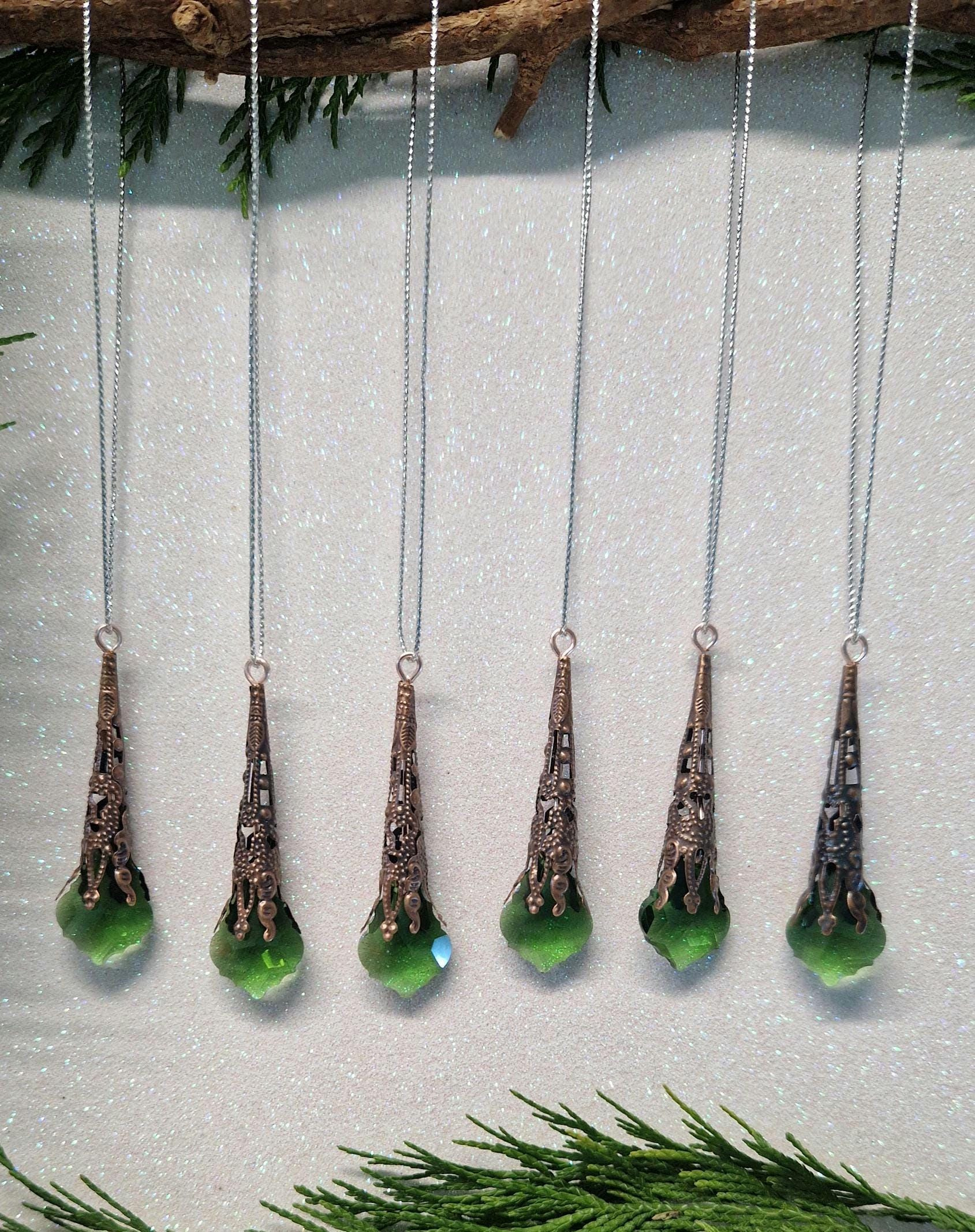 6 Victorian Gothic Christmas Icicle Ornaments Antique Copper Filigree Green Crystal Glass Baubles 1 - MeasureMason 6 Victorian Gothic Christmas Icicle Ornaments Antique Copper Filigree Green Crystal Glass Baubles 1
