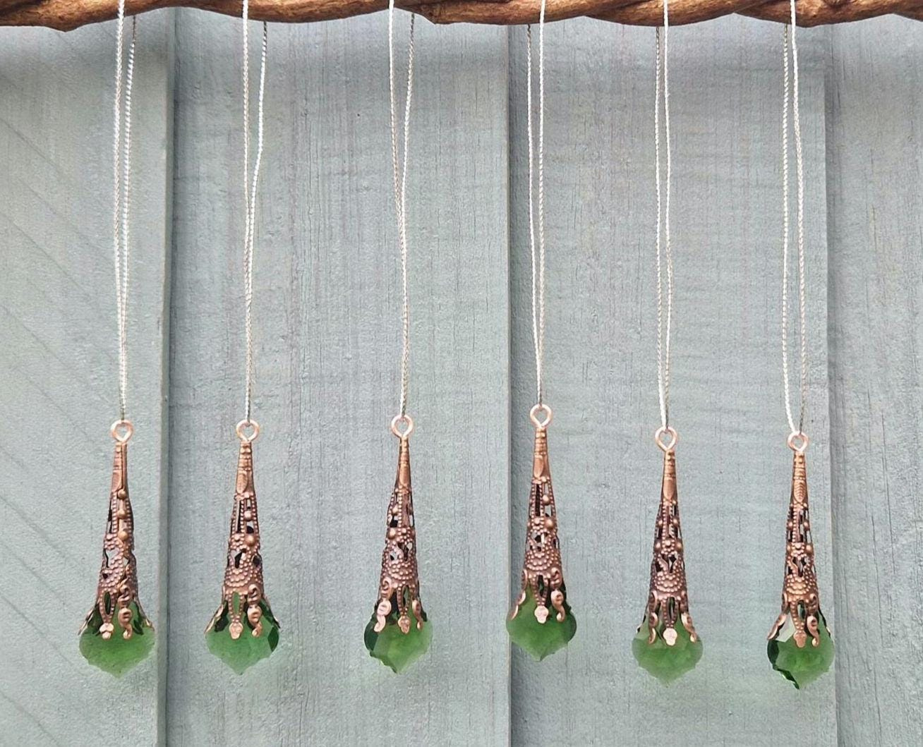 6 Victorian Gothic Christmas Icicle Ornaments Antique Copper Filigree Green Crystal Glass Baubles 2 - MeasureMason 6 Victorian Gothic Christmas Icicle Ornaments Antique Copper Filigree Green Crystal Glass Baubles 2