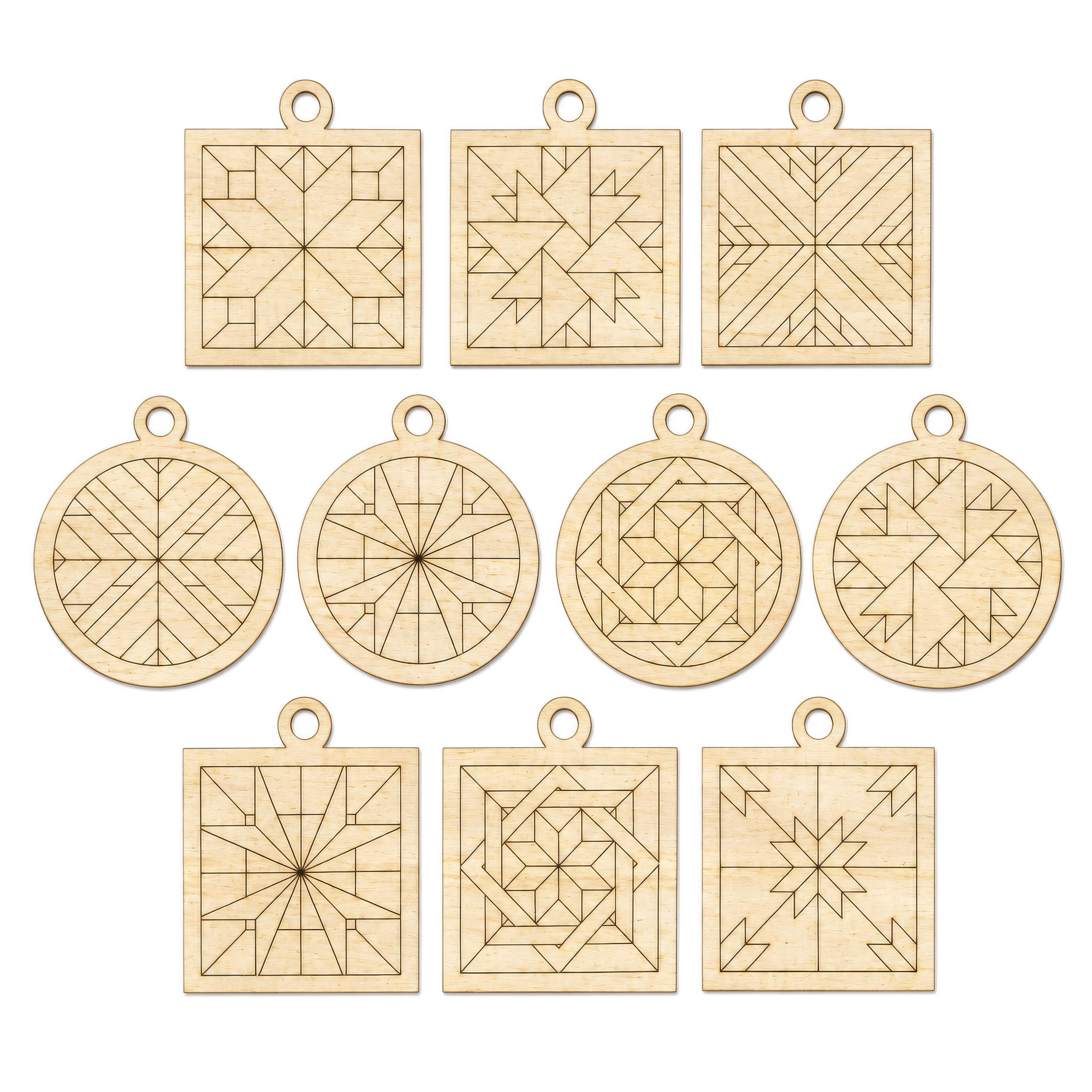 10 Barn Quilt Christmas Ornament Blanks, 3-Inch DIY Wood Craft Kit, Laser-Etched Pattern 1