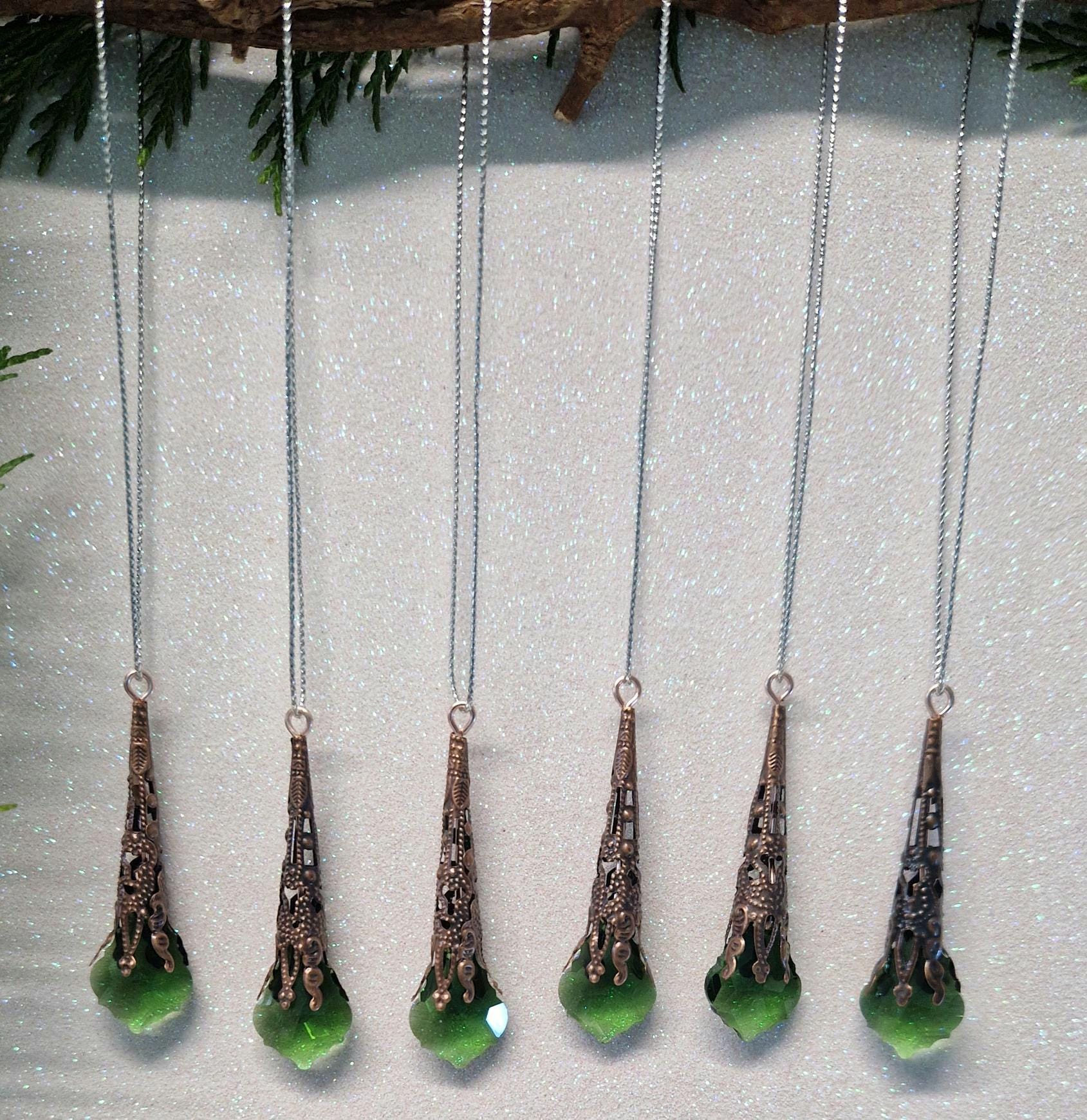 6 Victorian Gothic Christmas Icicle Ornaments Antique Copper Filigree Green Crystal Glass Baubles 3 - MeasureMason 6 Victorian Gothic Christmas Icicle Ornaments Antique Copper Filigree Green Crystal Glass Baubles 3
