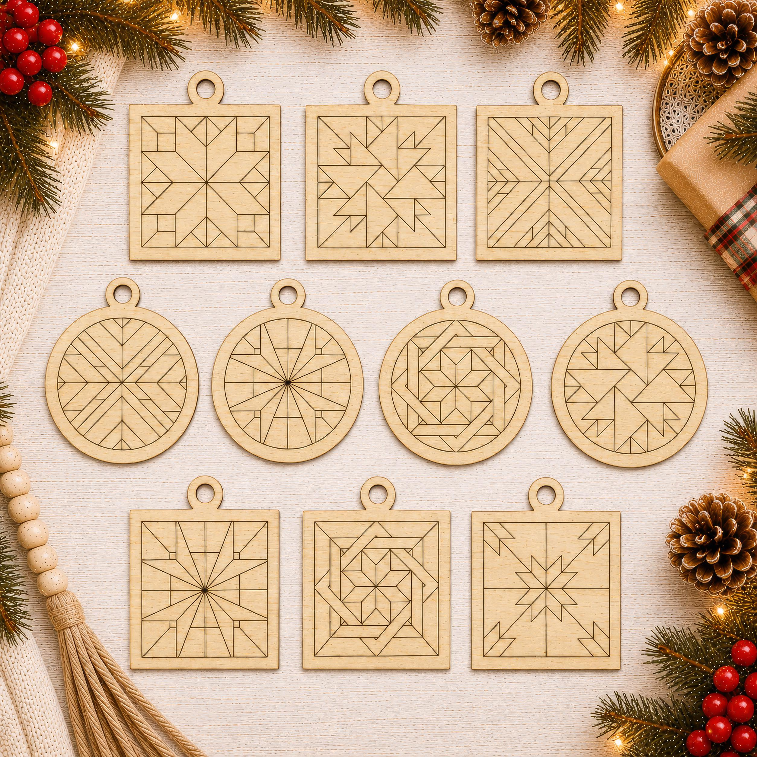 10 Barn Quilt Christmas Ornament Blanks, 3-Inch DIY Wood Craft Kit, Laser-Etched Pattern