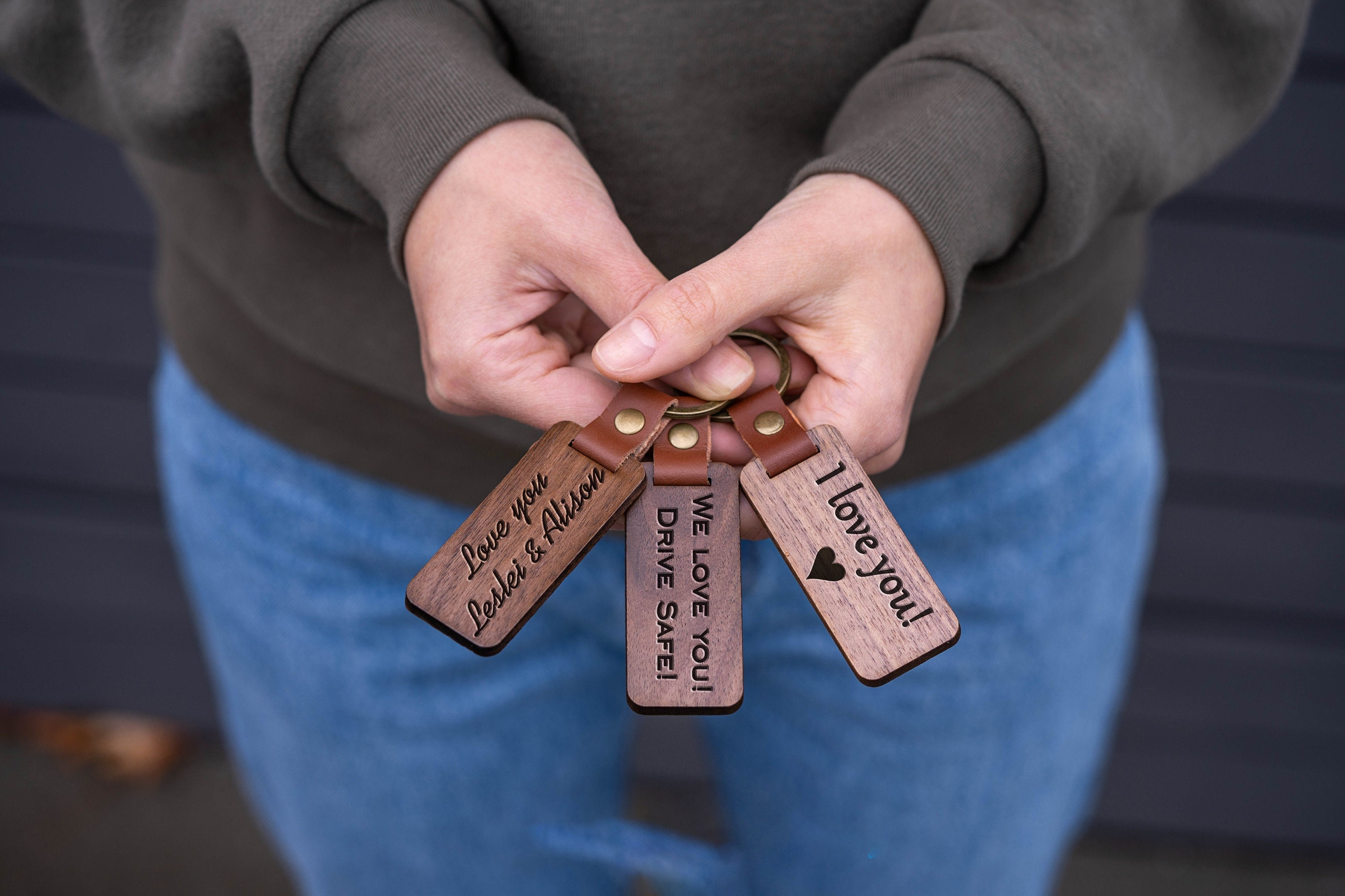 Personalized Stainless Steel & Walnut Wood Keychain - Custom Engraved Anniversary, Wedding, Birthday Gift for Couples, H