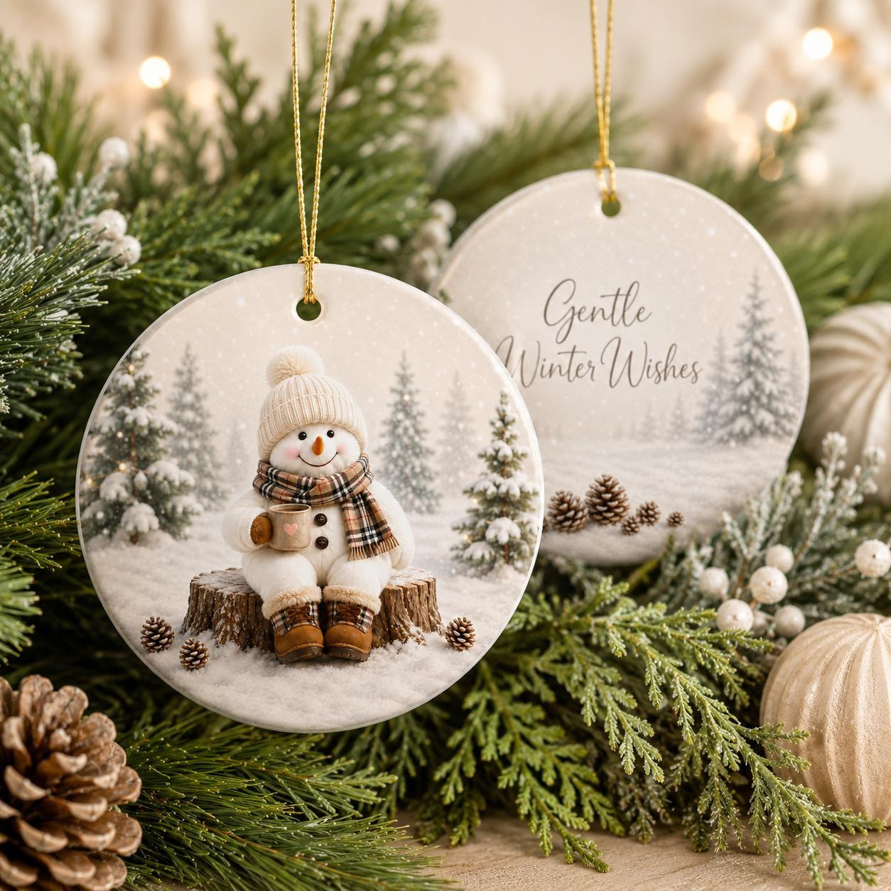 Handpainted Snowman Ceramic Christmas Ornament Winter Forest Round Porcelain Tree Hanging Holiday Gift