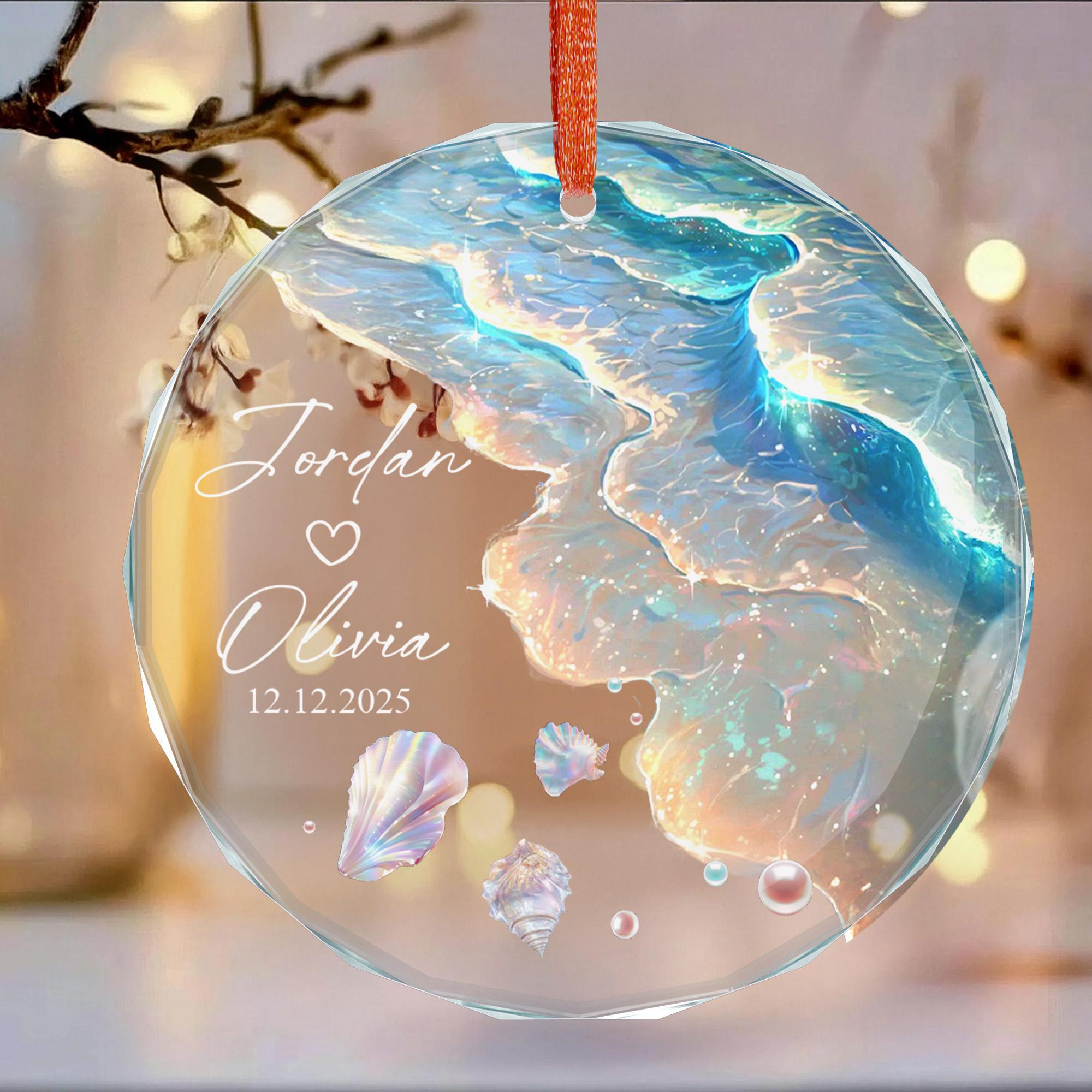 Personalized Ocean Glass Ornament for Engaged or Newlywed Couples 2 - MeasureMason Personalized Ocean Glass Ornament for Engaged or Newlywed Couples 2