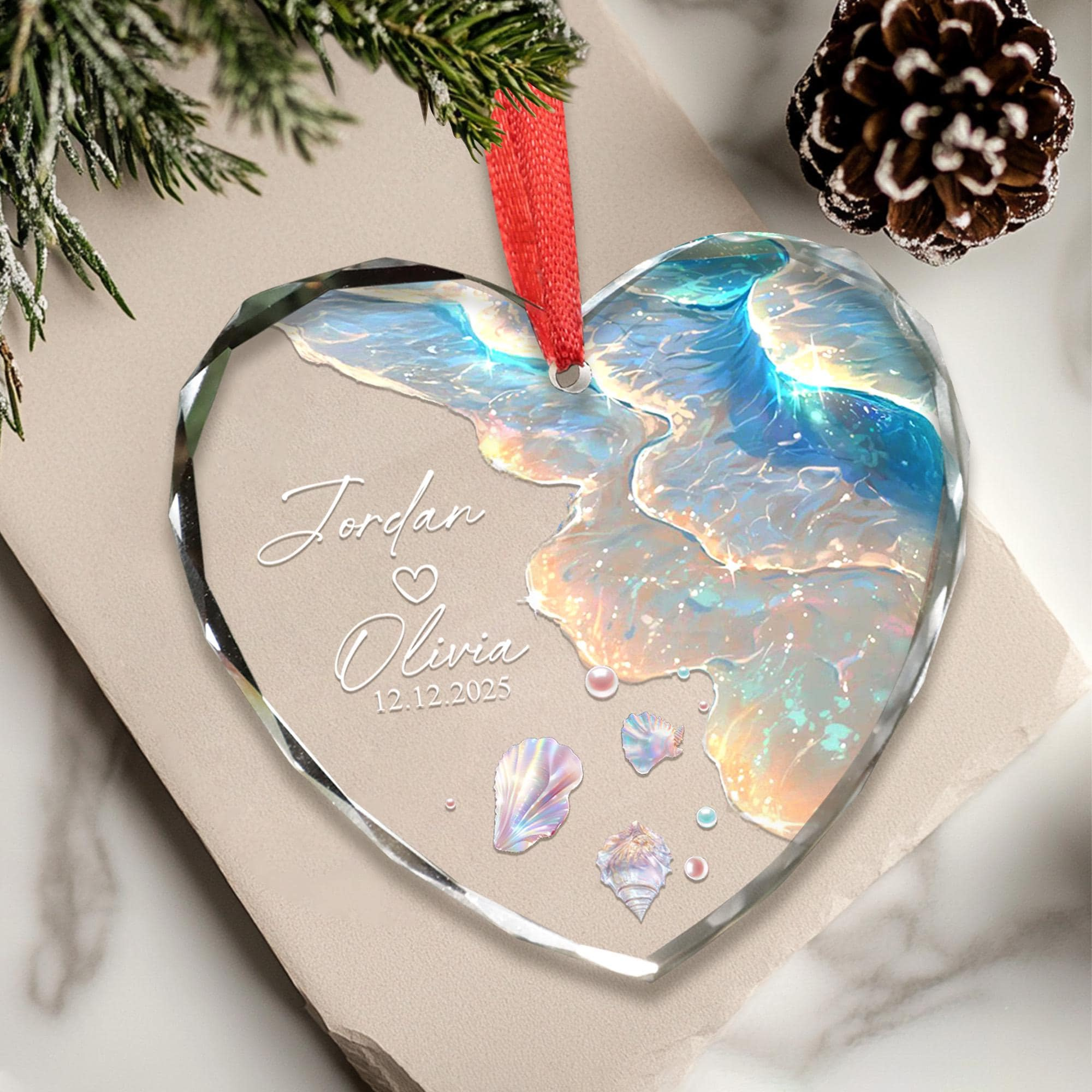 Personalized Ocean Glass Ornament for Engaged or Newlywed Couples 1 - MeasureMason Personalized Ocean Glass Ornament for Engaged or Newlywed Couples 1