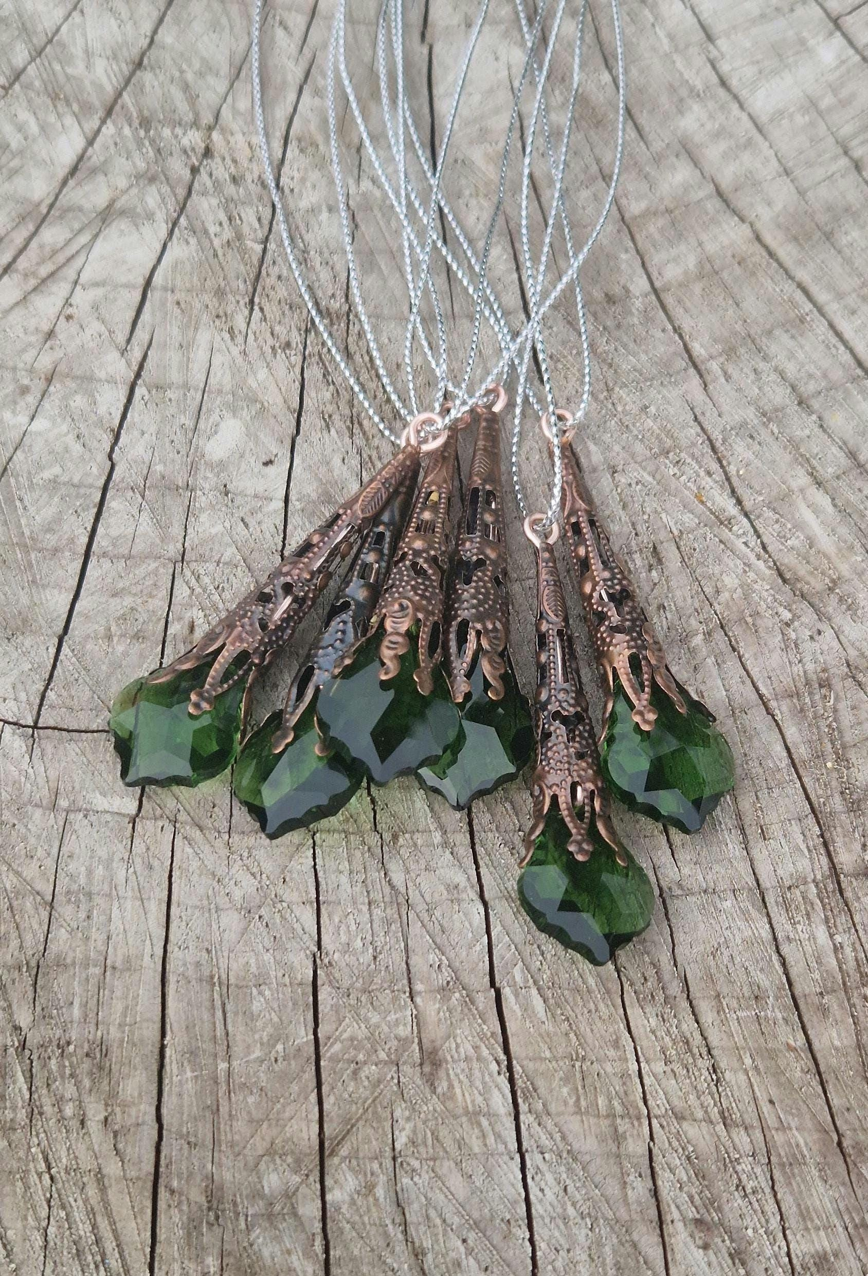 6 Victorian Gothic Christmas Icicle Ornaments Antique Copper Filigree Green Crystal Glass Baubles