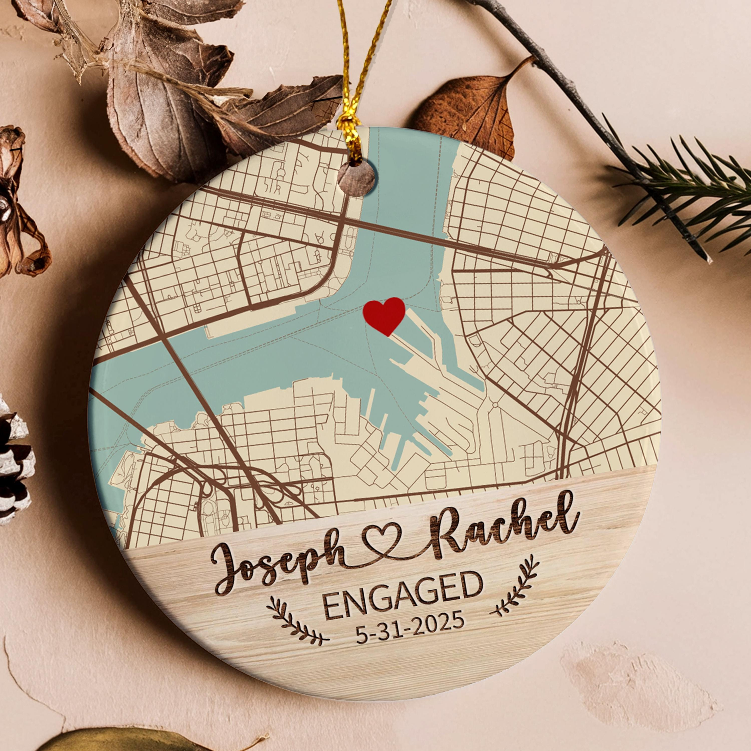 Custom Engagement Photo Ornament, Personalized Map Keepsake for Couple 2 - MeasureMason Custom Engagement Photo Ornament, Personalized Map Keepsake for Couple 2