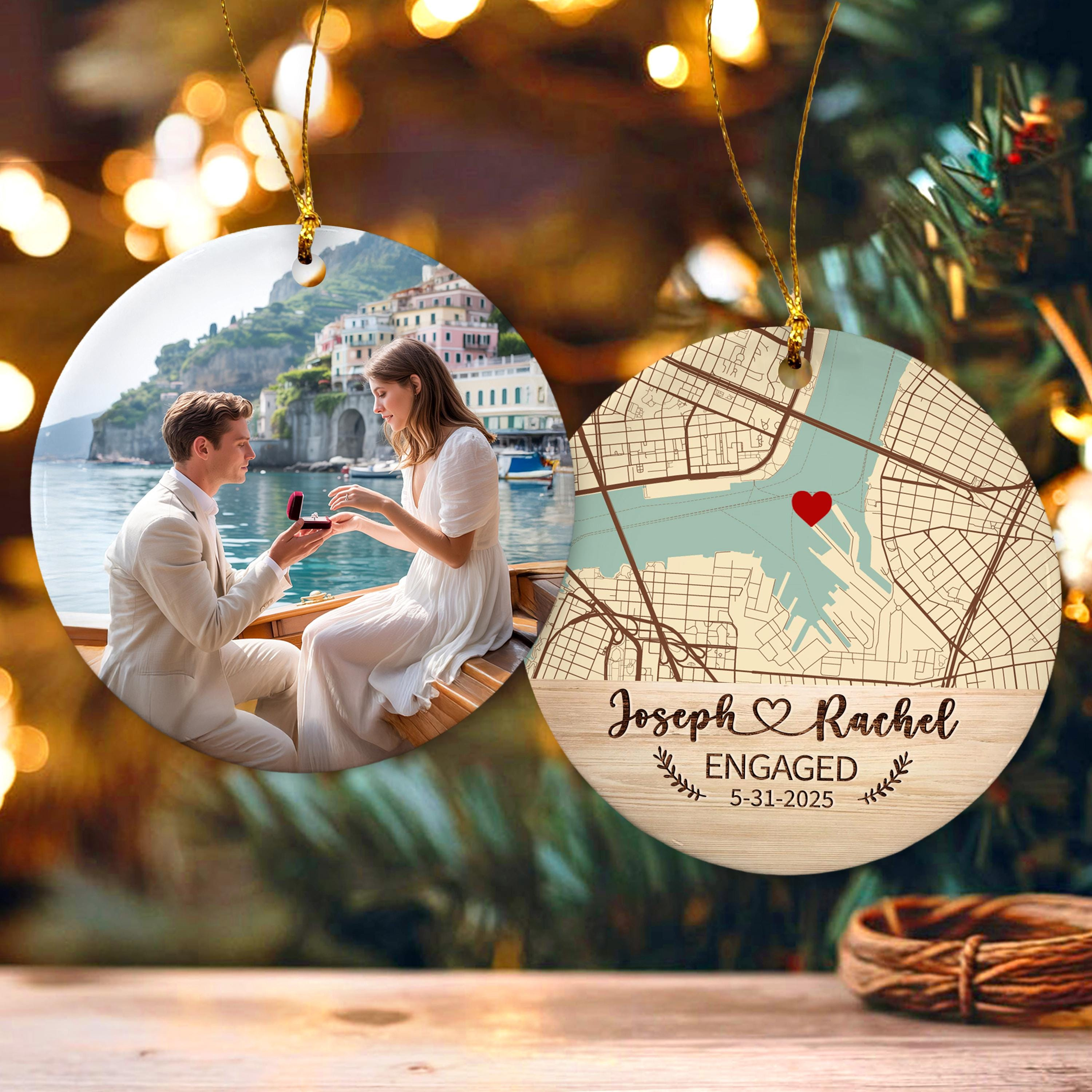 Custom Engagement Photo Ornament, Personalized Map Keepsake for Couple 3 - MeasureMason Custom Engagement Photo Ornament, Personalized Map Keepsake for Couple 3