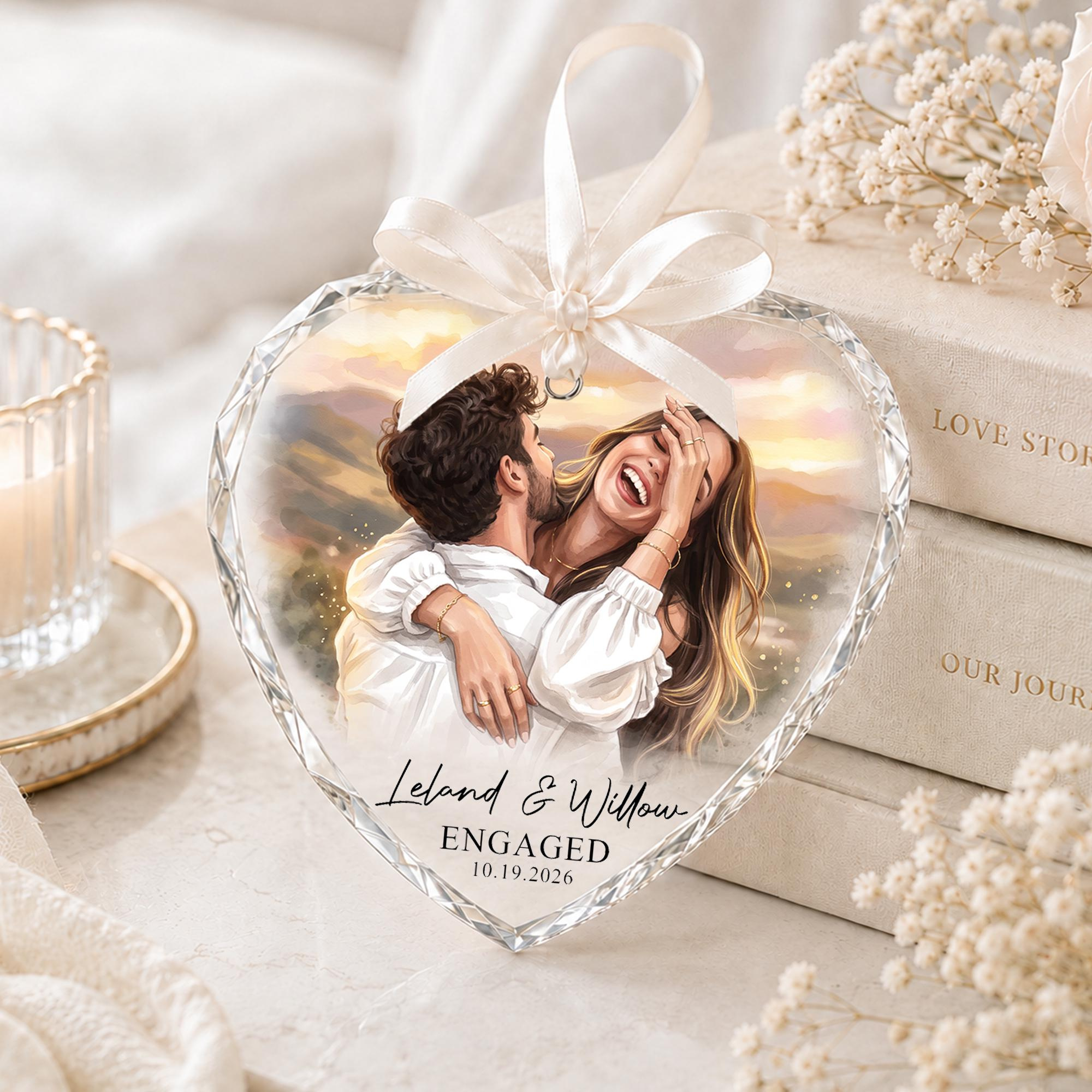 Personalized Engagement Ornament with Watercolor Photo, Custom Couple Keepsake Gift 1 - MeasureMason Personalized Engagement Ornament with Watercolor Photo, Custom Couple Keepsake Gift 1