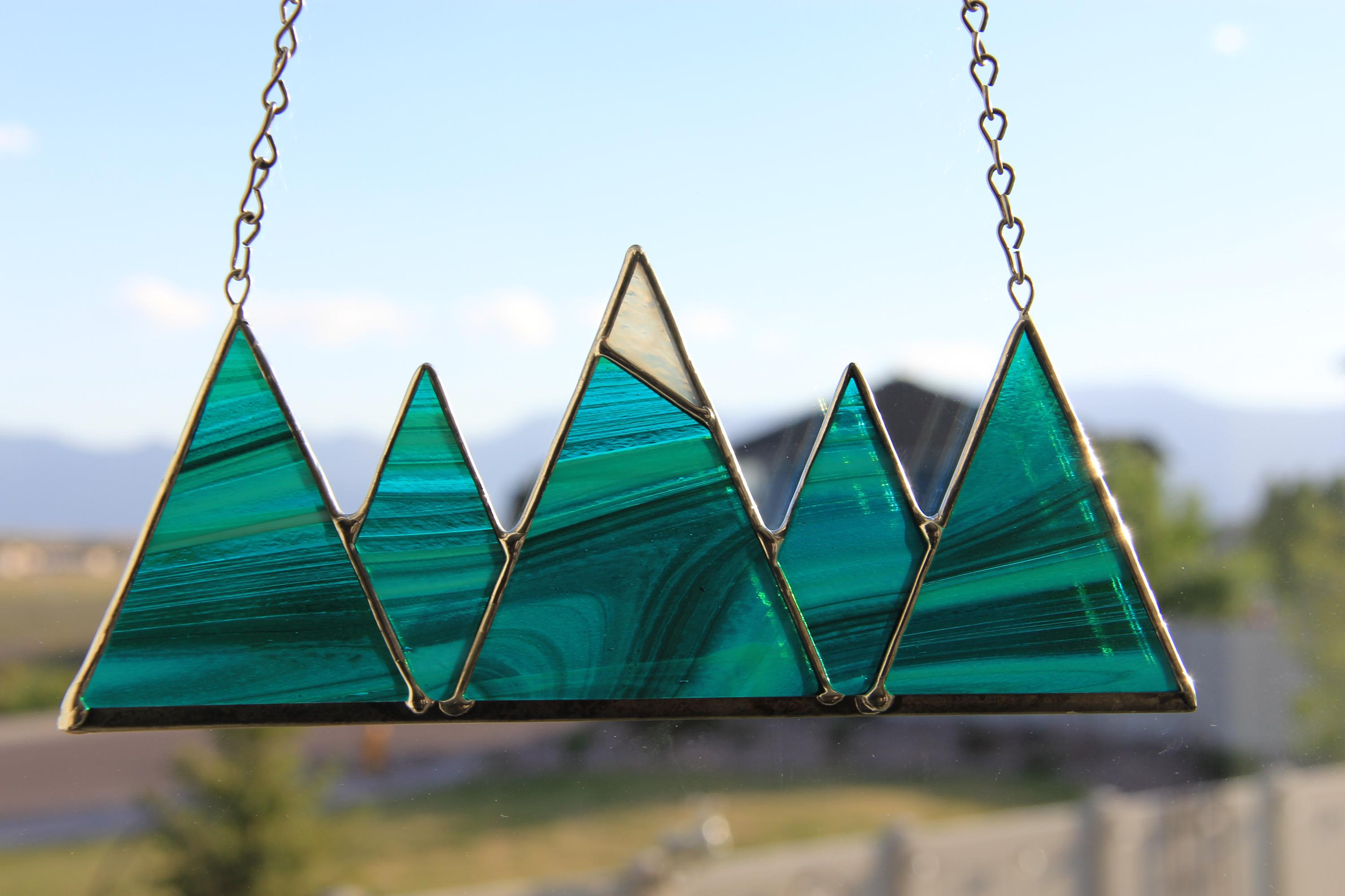 Mountain Stained Glass Suncatcher - Mini Green Glass Window Hanging Decor 1 - MeasureMason Mountain Stained Glass Suncatcher - Mini Green Glass Window Hanging Decor 1