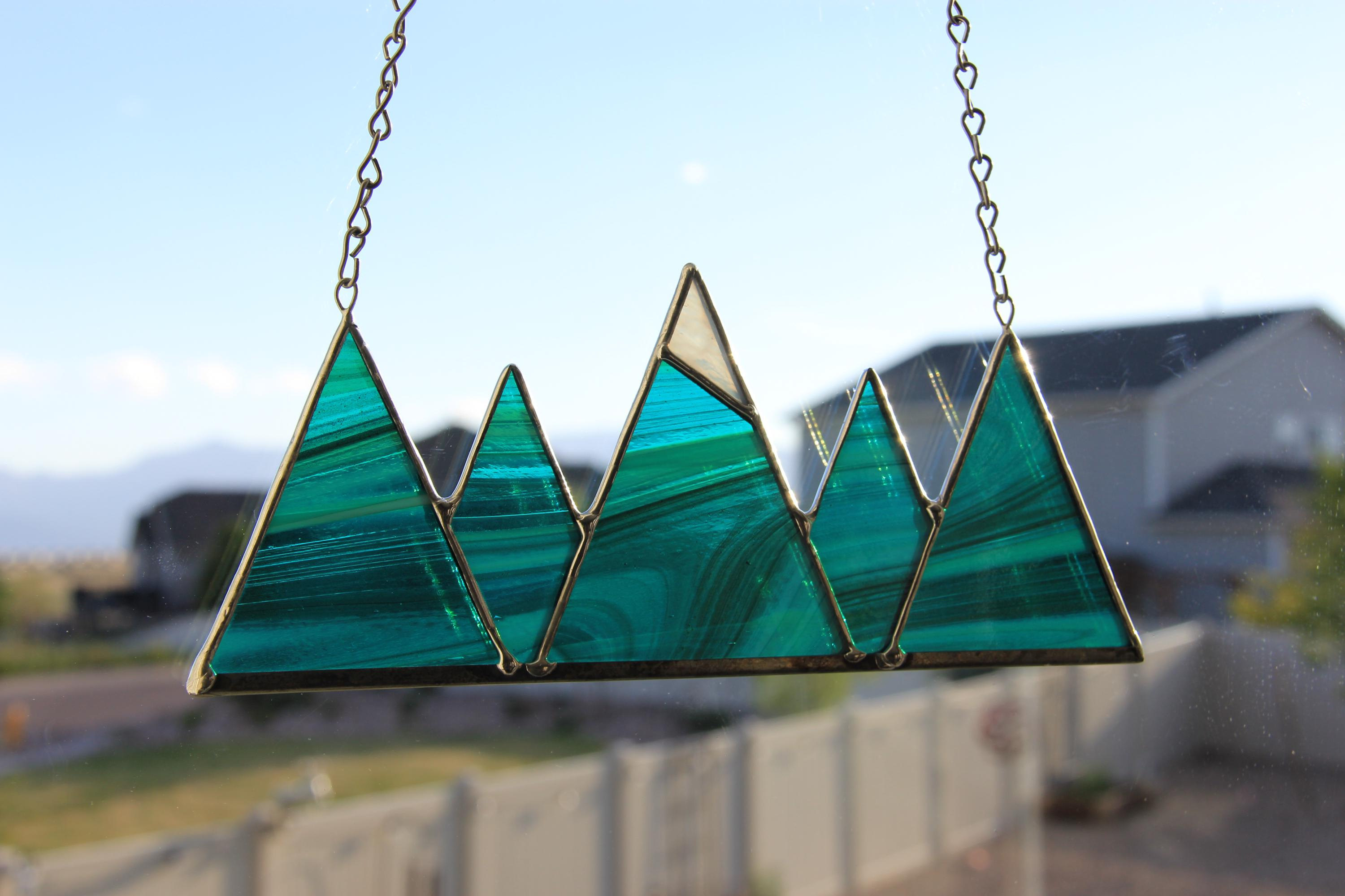 Mountain Stained Glass Suncatcher - Mini Green Glass Window Hanging Decor 2 - MeasureMason Mountain Stained Glass Suncatcher - Mini Green Glass Window Hanging Decor 2