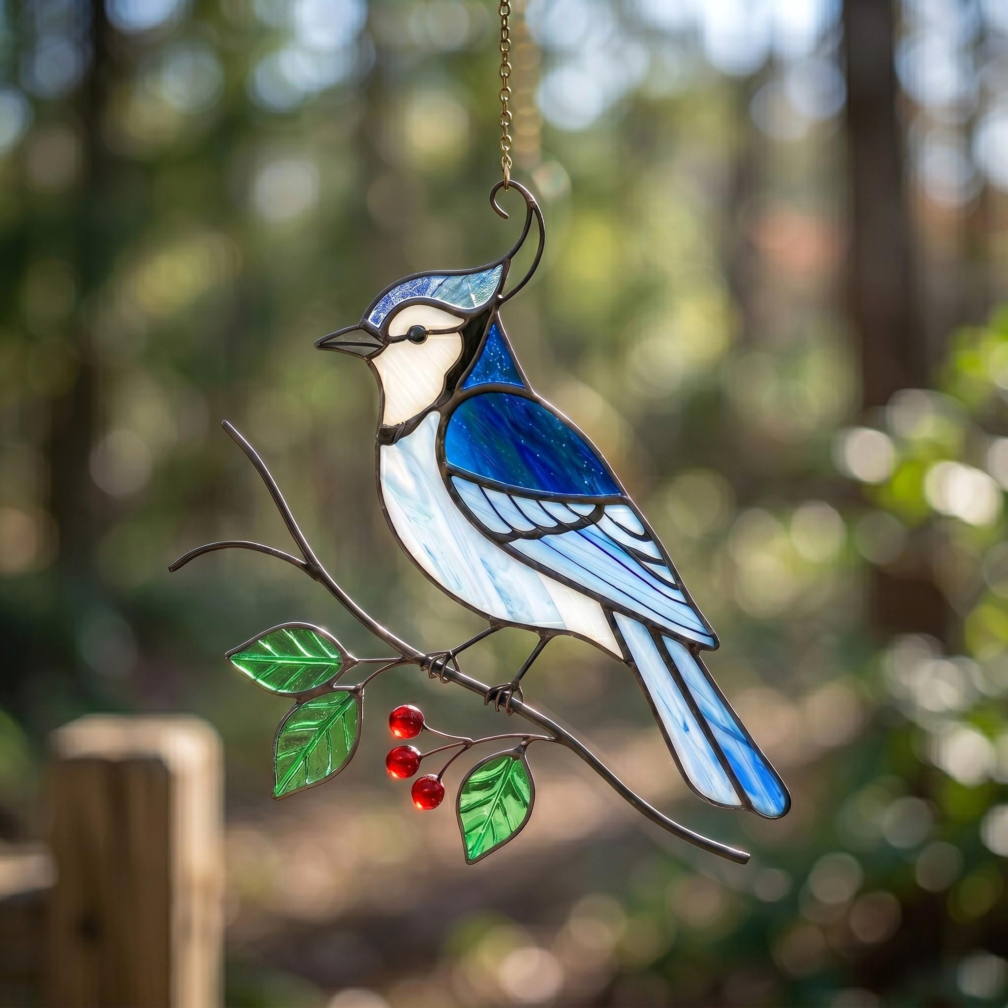 Blue Jay Stained Glass Suncatcher Window Hanging, Bird Garden Decor Gift