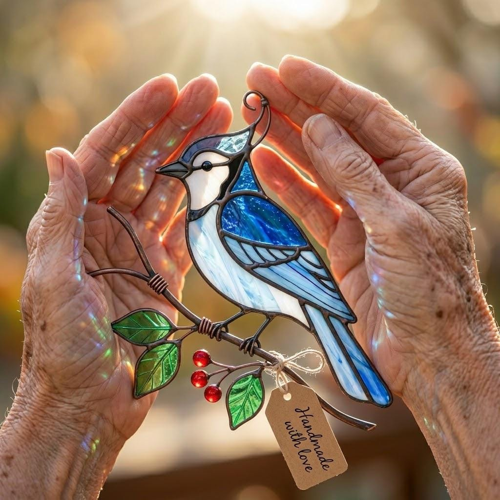 Blue Jay Stained Glass Suncatcher Window Hanging, Bird Garden Decor Gift 3 - MeasureMason Blue Jay Stained Glass Suncatcher Window Hanging, Bird Garden Decor Gift 3