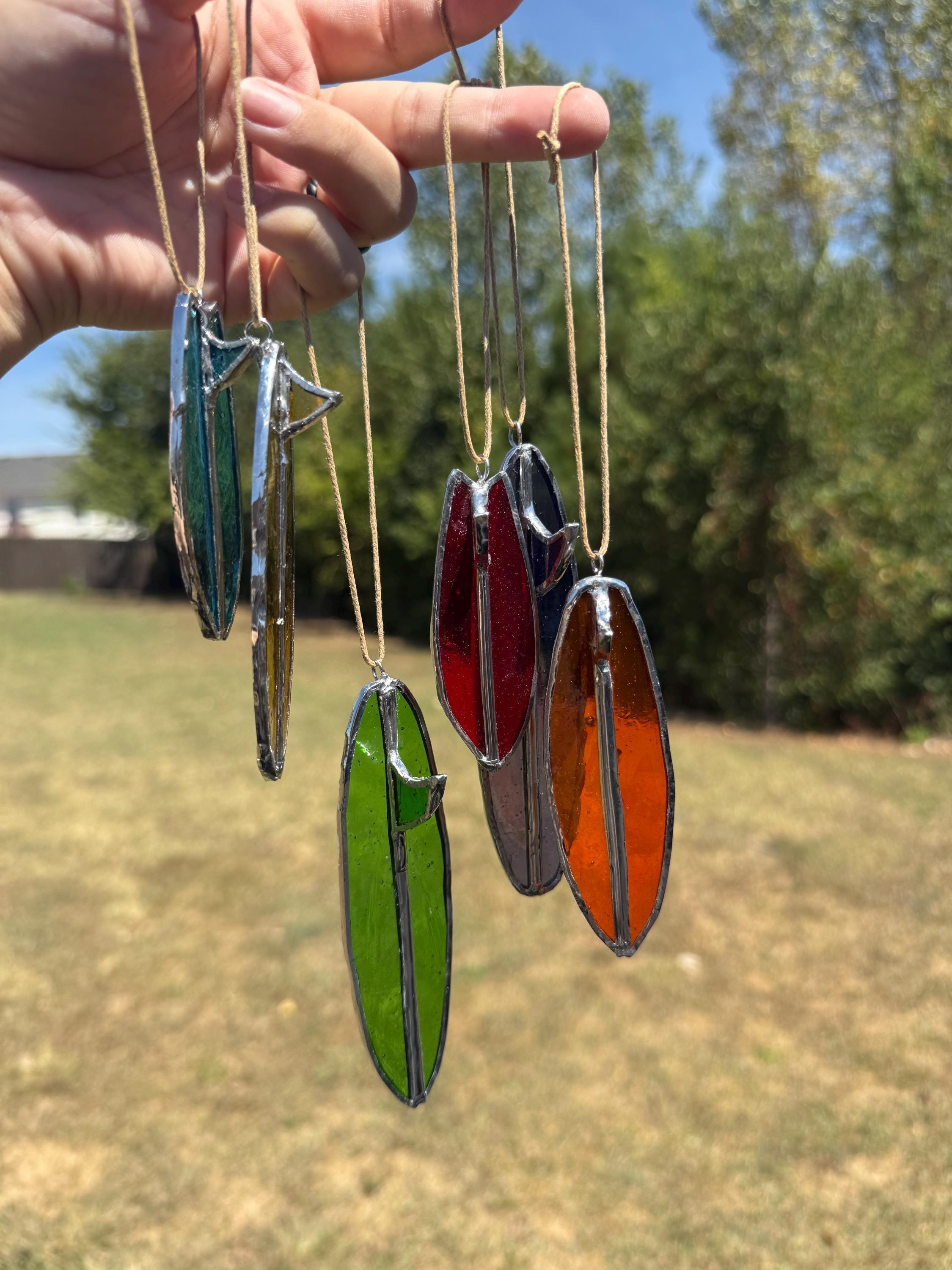 Surfboard Stained Glass Suncatcher, Tiny Surf Car Ornament and Keychain Surfboard Stained Glass Suncatcher, Tiny Surf Car Ornament and Keychain