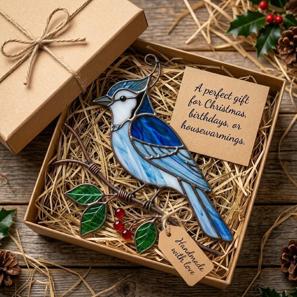 Blue Jay Stained Glass Suncatcher Window Hanging, Bird Garden Decor Gift 2 - MeasureMason Blue Jay Stained Glass Suncatcher Window Hanging, Bird Garden Decor Gift 2