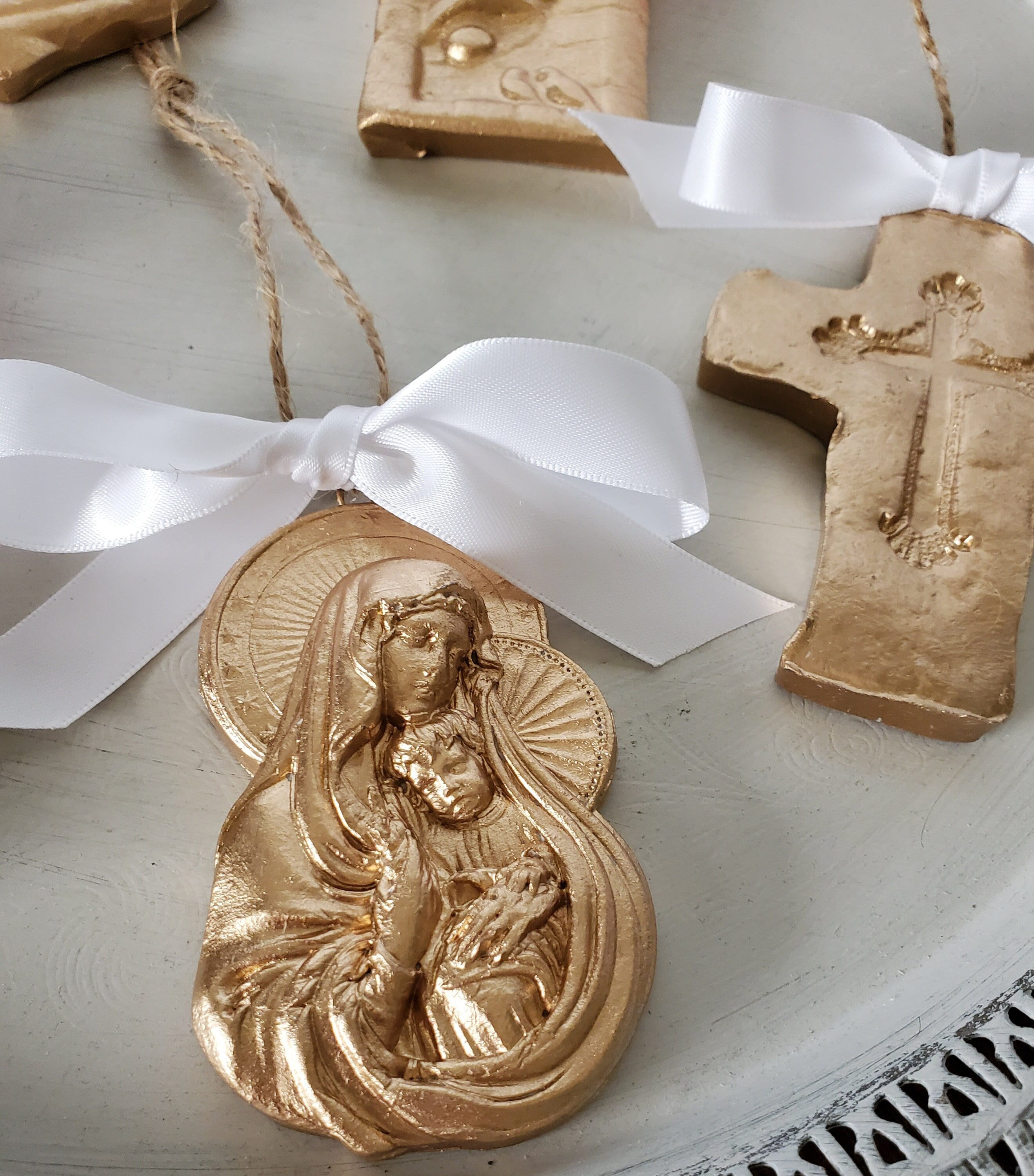 Gold Leaf Handmade Clay Christmas Ornaments or Gift Tags - Blessing Hostess Housewarming Holiday Tree Decor Gold Leaf Handmade Clay Christmas Ornaments or Gift Tags - Blessing Hostess Housewarming Holiday Tree Decor