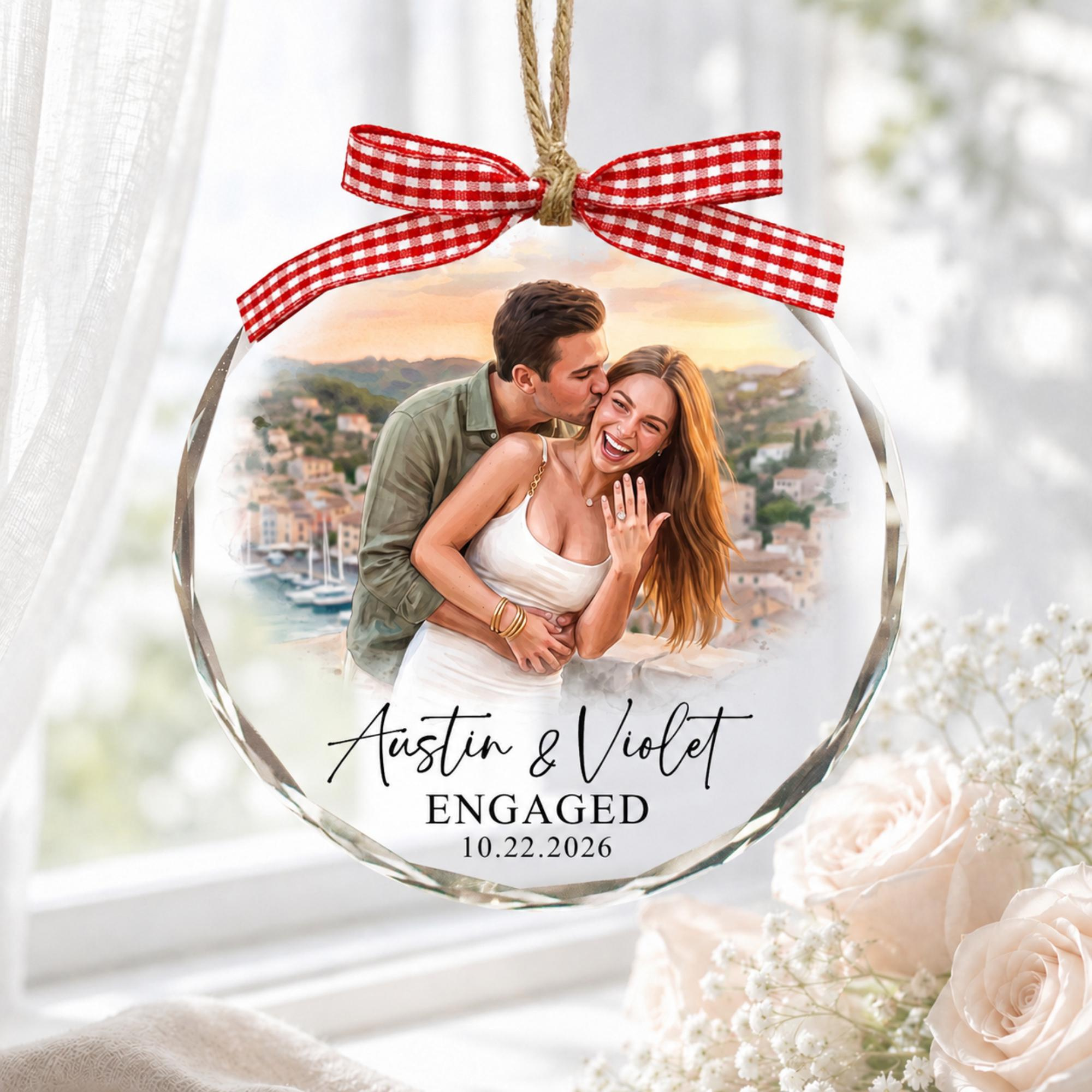 Personalized Engagement Ornament with Watercolor Photo, Custom Couple Keepsake Gift 4 - MeasureMason Personalized Engagement Ornament with Watercolor Photo, Custom Couple Keepsake Gift 4