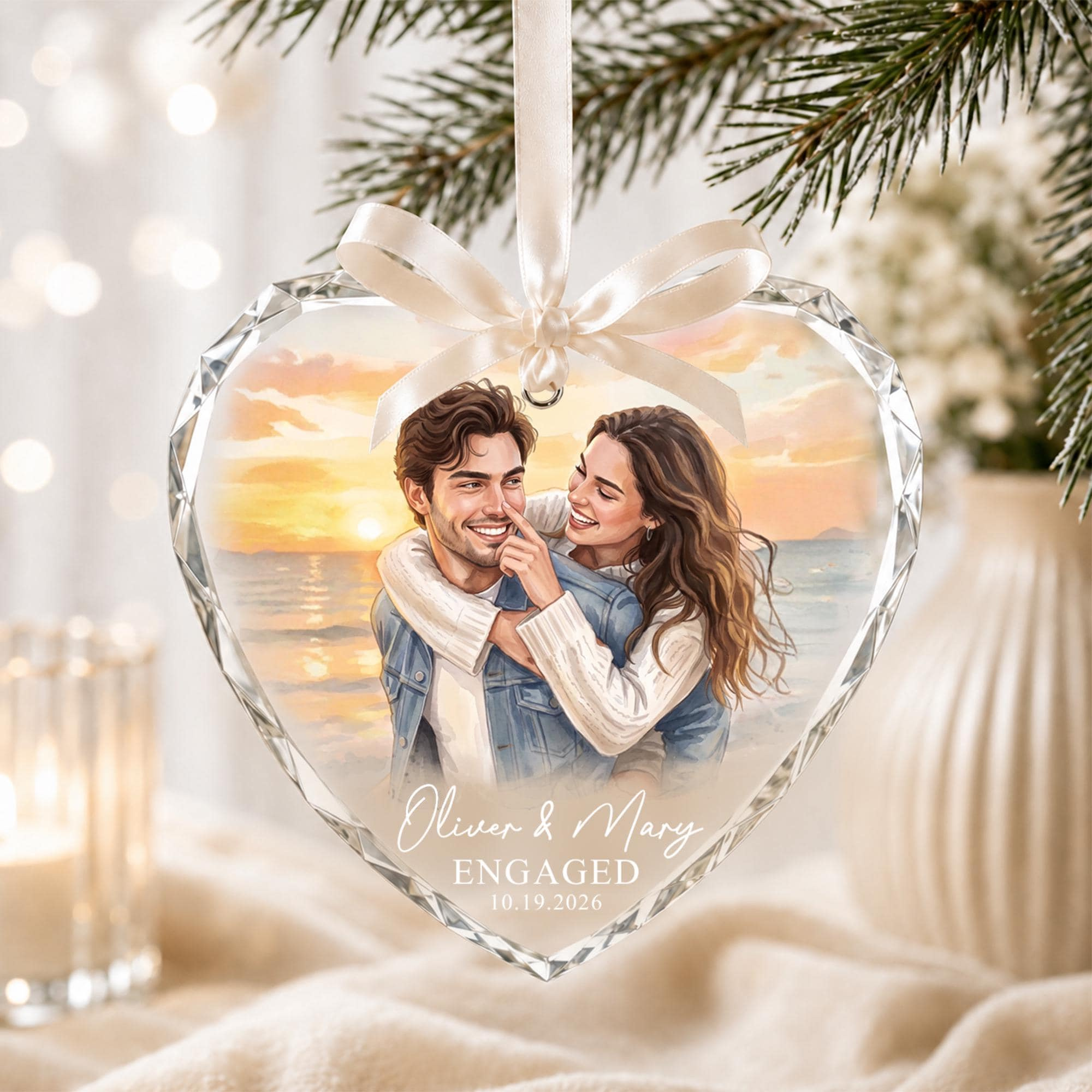 Personalized Engagement Ornament with Watercolor Photo, Custom Couple Keepsake Gift 3 - MeasureMason Personalized Engagement Ornament with Watercolor Photo, Custom Couple Keepsake Gift 3