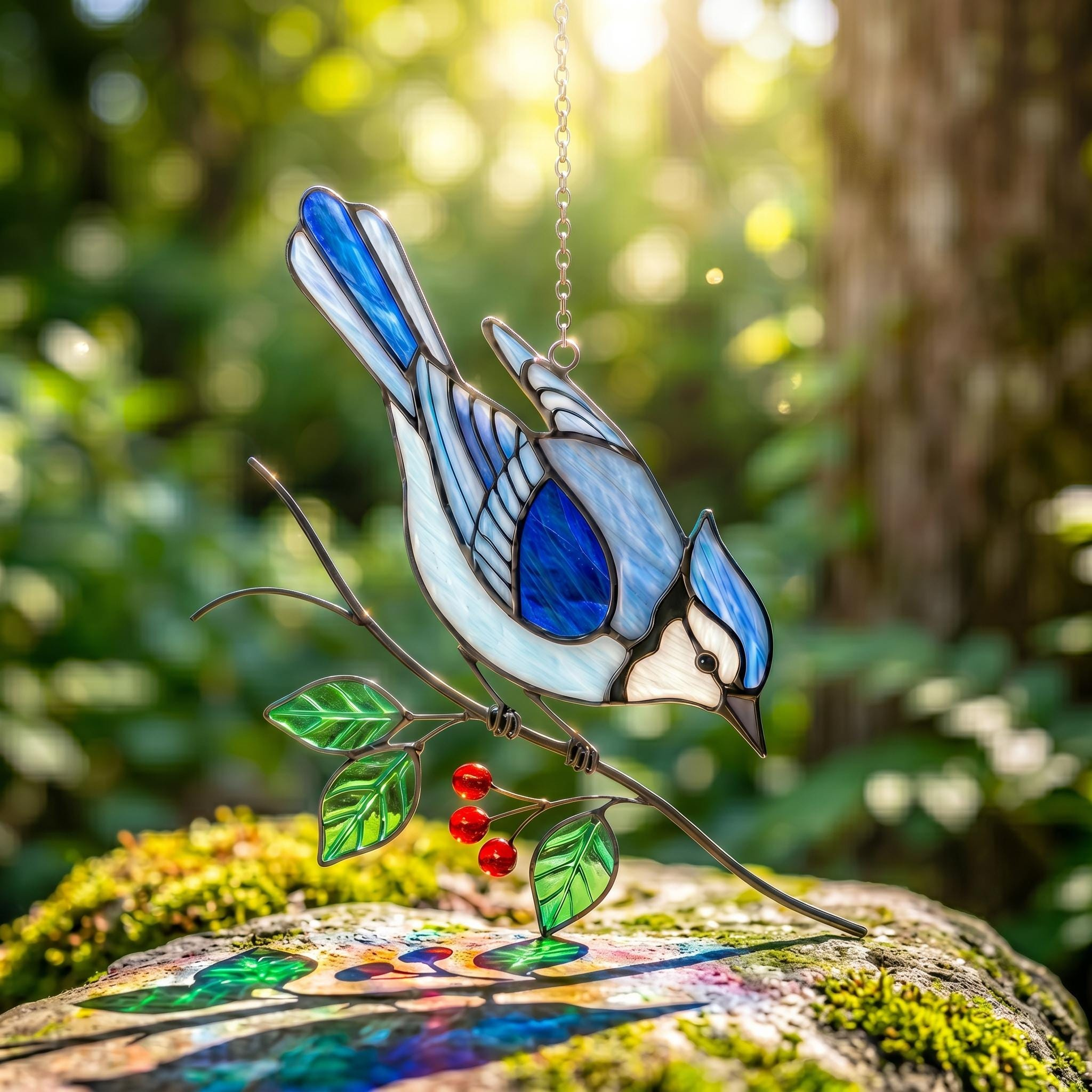 Blue Jay Stained Glass Suncatcher Window Hanging, Bird Garden Decor Gift 4 - MeasureMason Blue Jay Stained Glass Suncatcher Window Hanging, Bird Garden Decor Gift 4