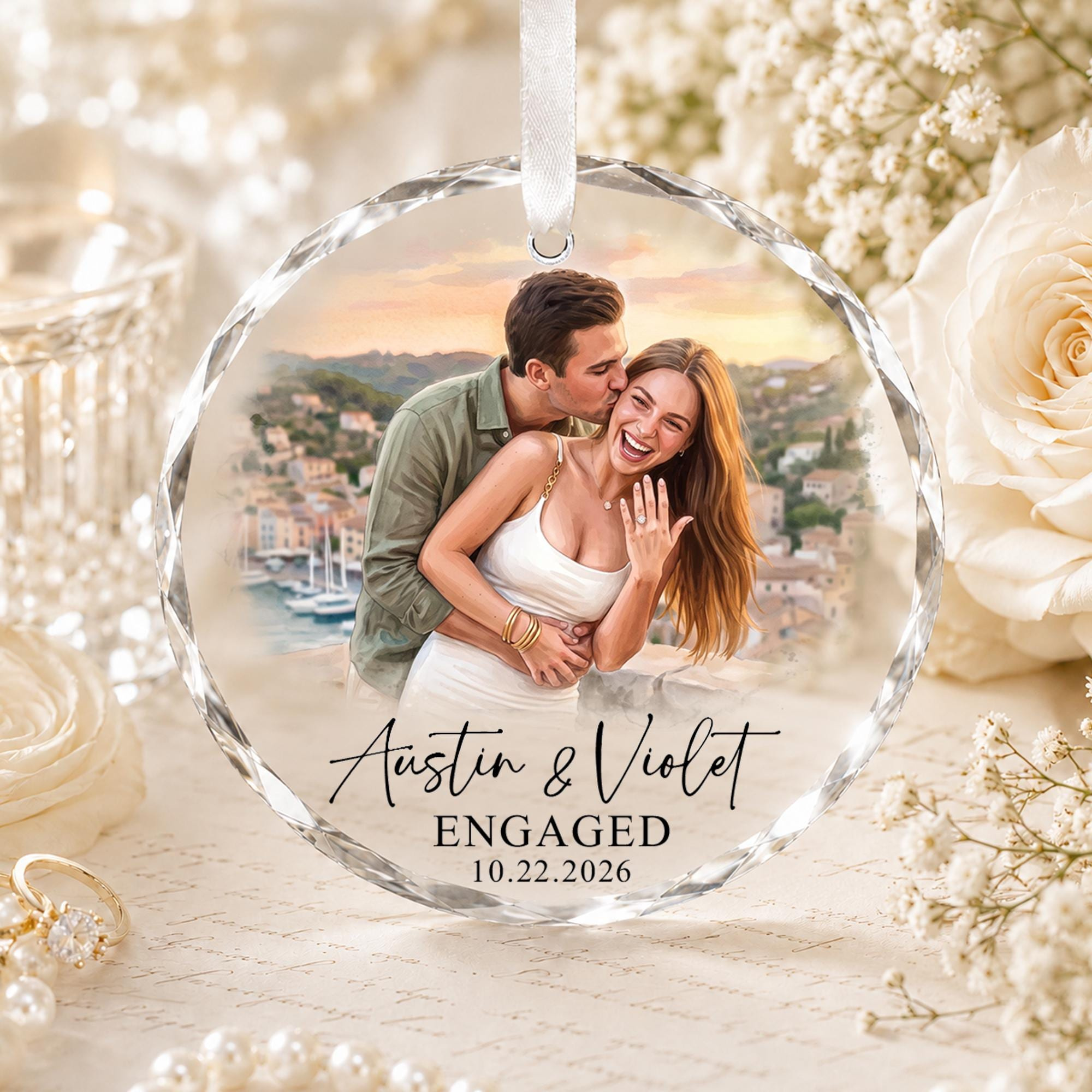 Personalized Engagement Ornament with Watercolor Photo, Custom Couple Keepsake Gift
