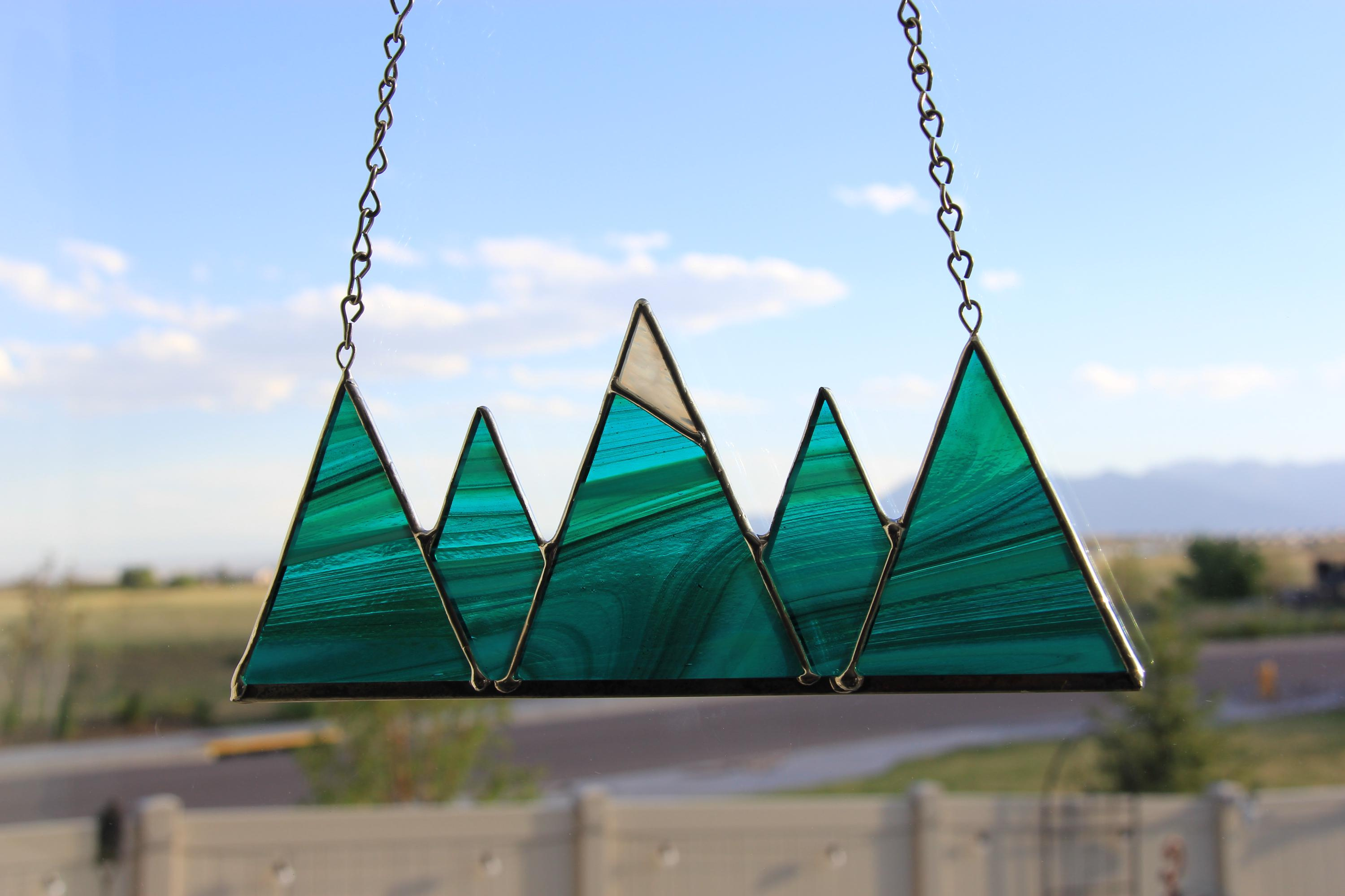 Mountain Stained Glass Suncatcher - Mini Green Glass Window Hanging Decor 3 - MeasureMason Mountain Stained Glass Suncatcher - Mini Green Glass Window Hanging Decor 3