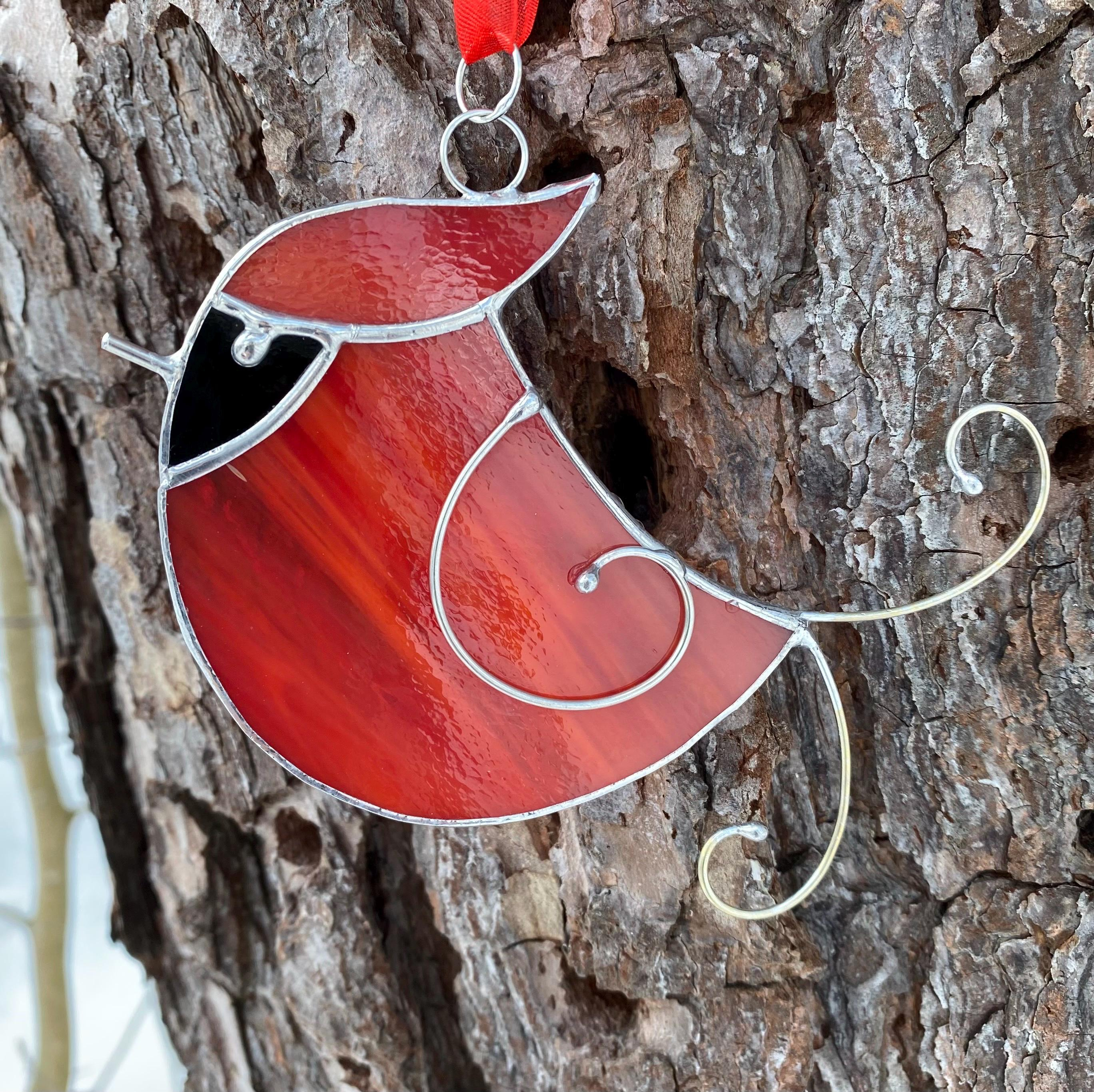 Handcrafted Stained Glass Little Cardinal Sun Catcher with Wire Detail and Ribbon Hanger Handcrafted Stained Glass Little Cardinal Sun Catcher with Wire Detail and Ribbon Hanger