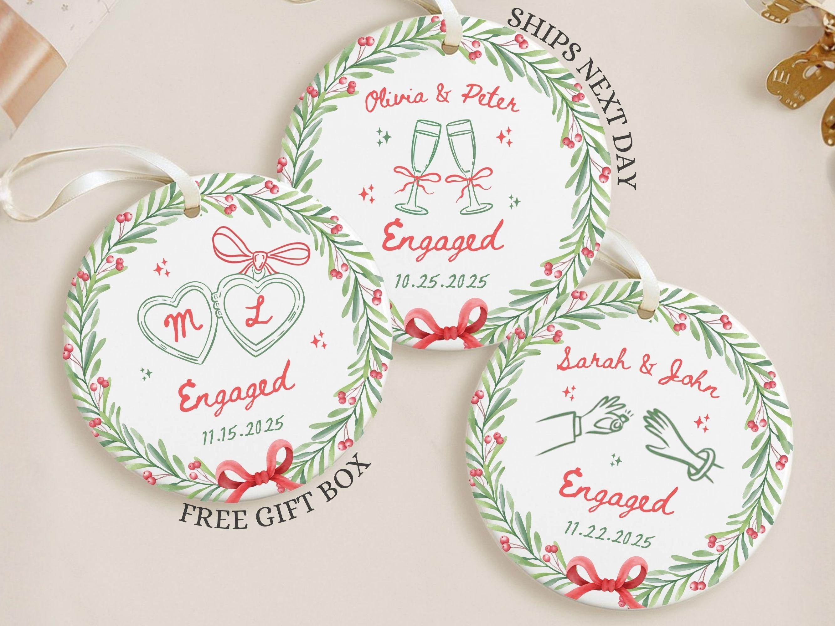 Personalized Engagement Ornament, Custom Engaged Couple Christmas Keepsake Gift