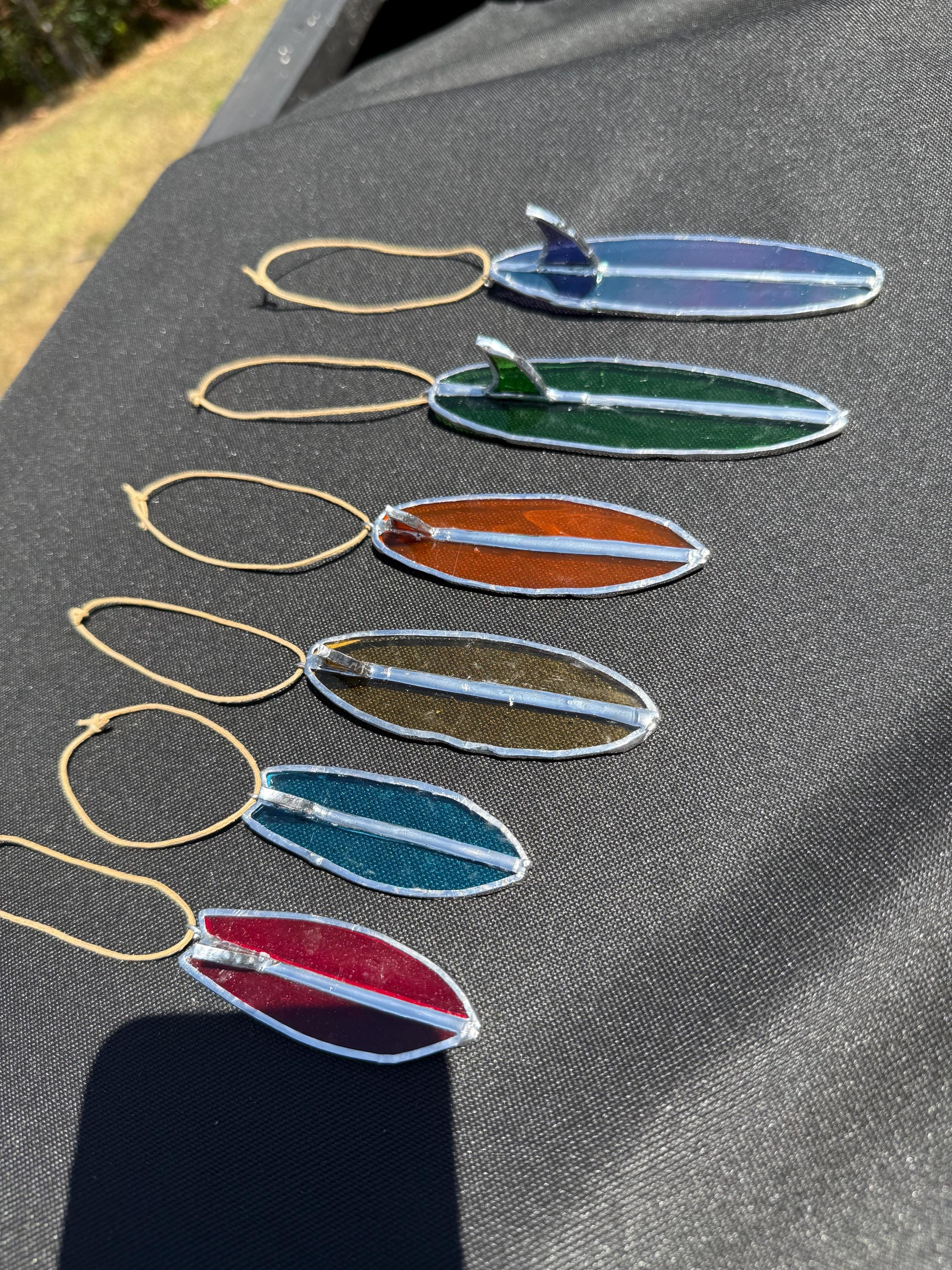 Surfboard Stained Glass Suncatcher, Tiny Surf Car Ornament and Keychain 3 - MeasureMason Surfboard Stained Glass Suncatcher, Tiny Surf Car Ornament and Keychain 3