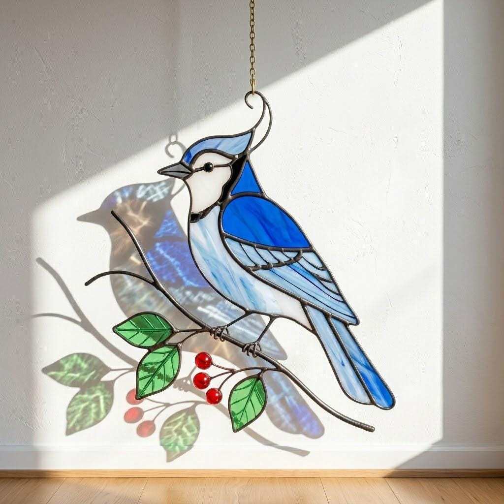 Blue Jay Stained Glass Suncatcher Window Hanging, Bird Garden Decor Gift 1 - MeasureMason Blue Jay Stained Glass Suncatcher Window Hanging, Bird Garden Decor Gift 1
