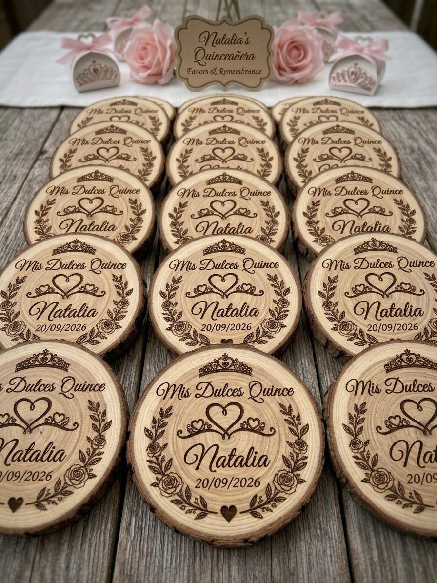 Personalized Wood Slice Ornament - Engraved Wedding Favor, Quinceañera Keepsake, Custom Sweet 15 Gift 3 - MeasureMason Personalized Wood Slice Ornament - Engraved Wedding Favor, Quinceañera Keepsake, Custom Sweet 15 Gift 3
