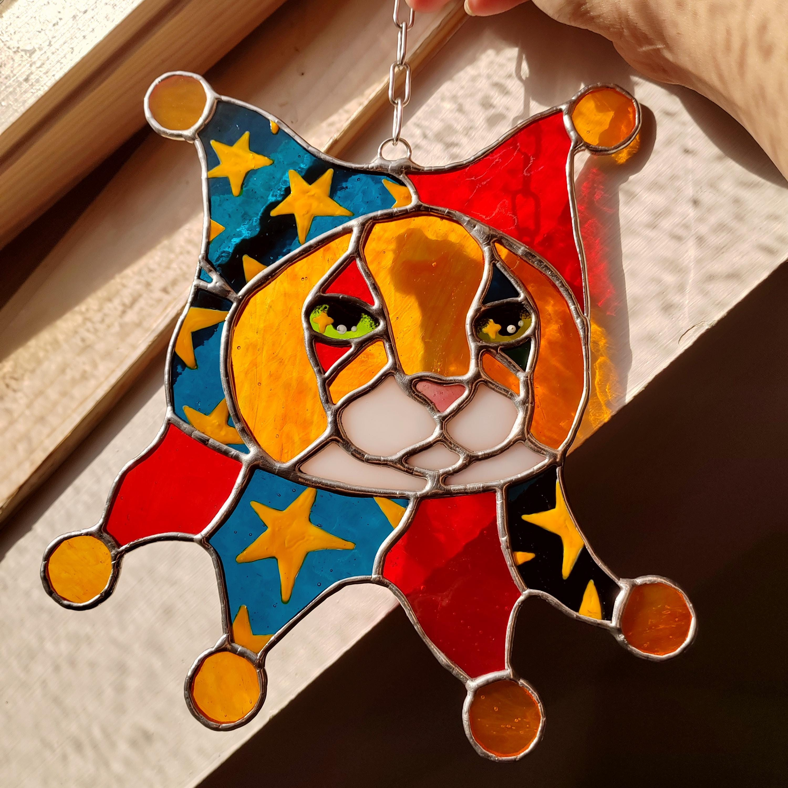 Stained Glass Jester Cat Suncatcher, Custom Pet Portrait Window Hanging Stained Glass Jester Cat Suncatcher, Custom Pet Portrait Window Hanging